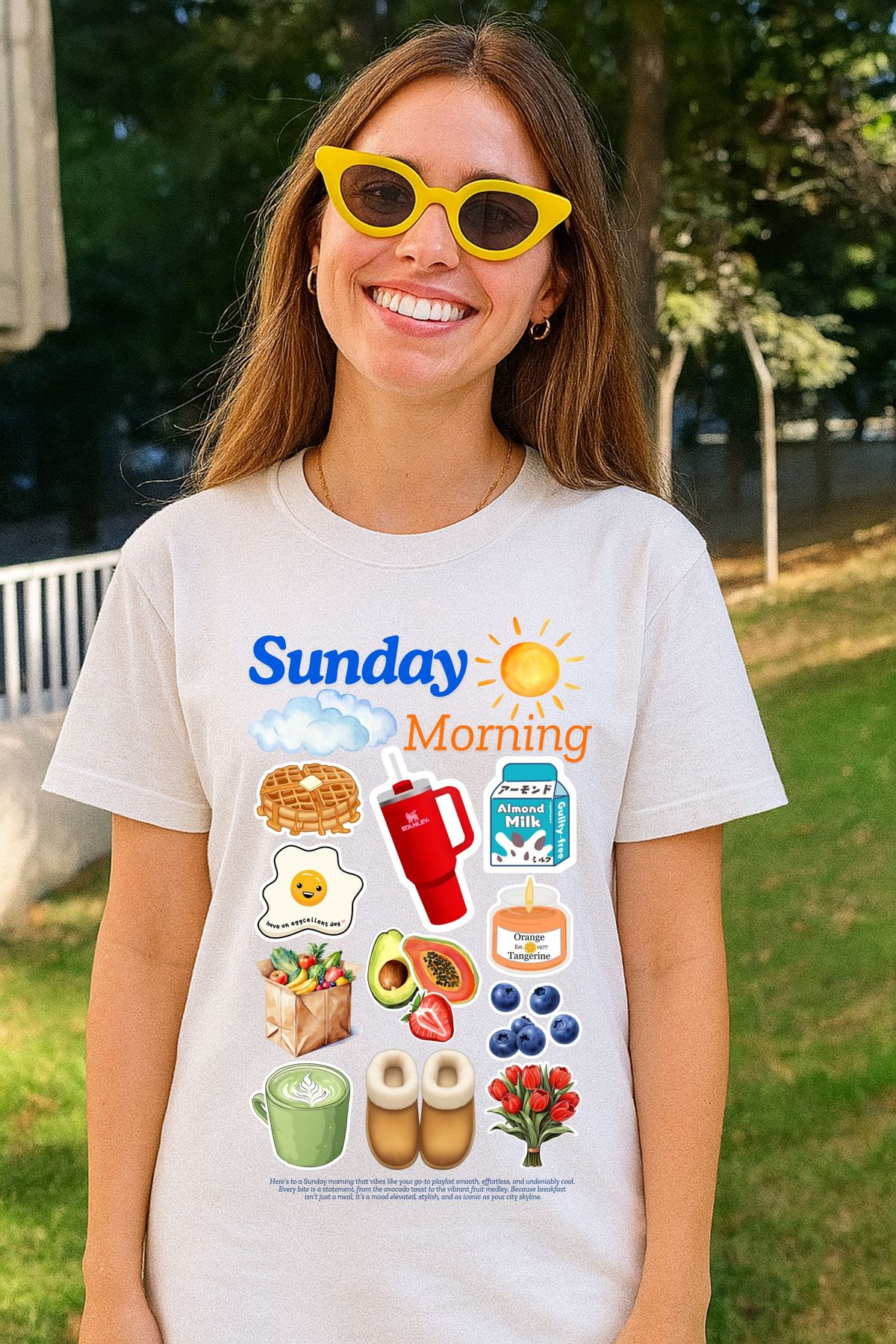 ALOCCO Sunday Morning %100 Pamuk Kadın Comfort Kalıp Beyaz Baskılı Yüksek Kalite Tişört