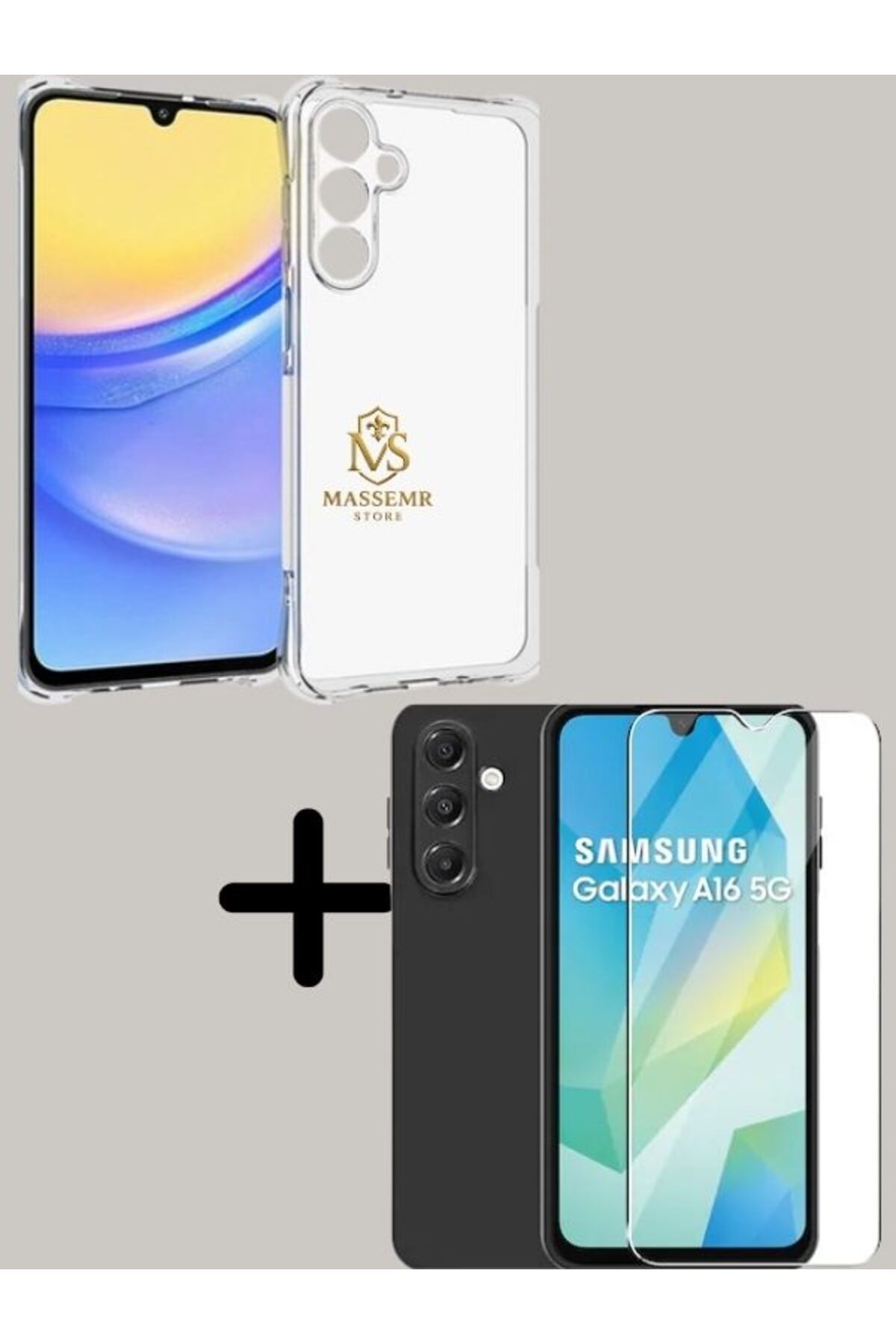 Massemr Samsung GALAXY A16 Uyumlu Kamera Korumalı Şeffaf Kılıf + 9H Tam Kaplama Ekran Koruyucu Cam Set