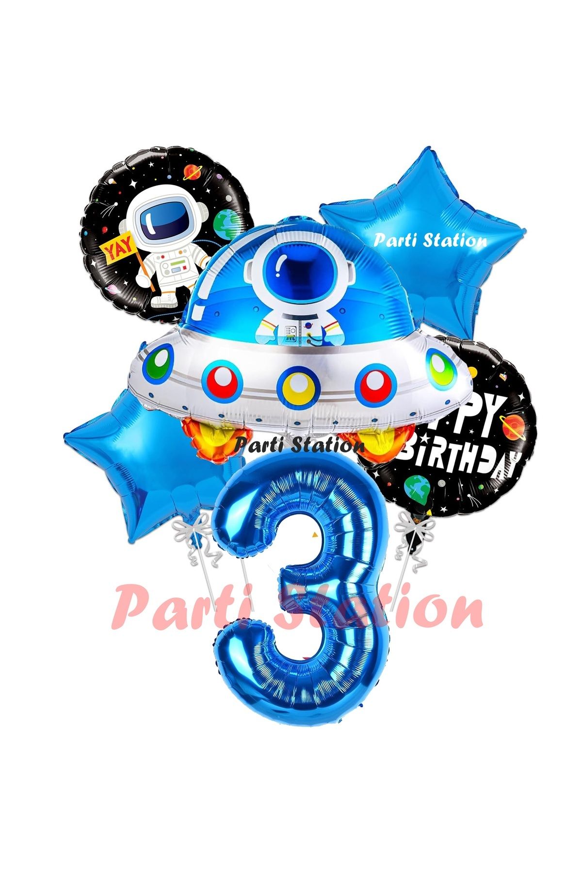 Partifest Uzay Aracı Roket Balon 3 Yaş Doğum Günü Set Uzay Konsept Balon Rakam Balon Set