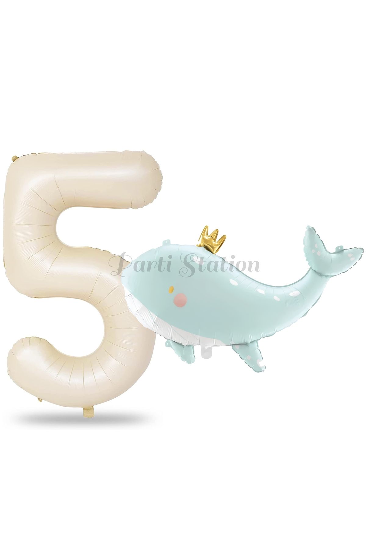 Partifest Sevimli Yeşil Balina 5 Yaş Balon Set Deniz Okyanus Canlıları Konsept Balon ve Krem Rakam Balon