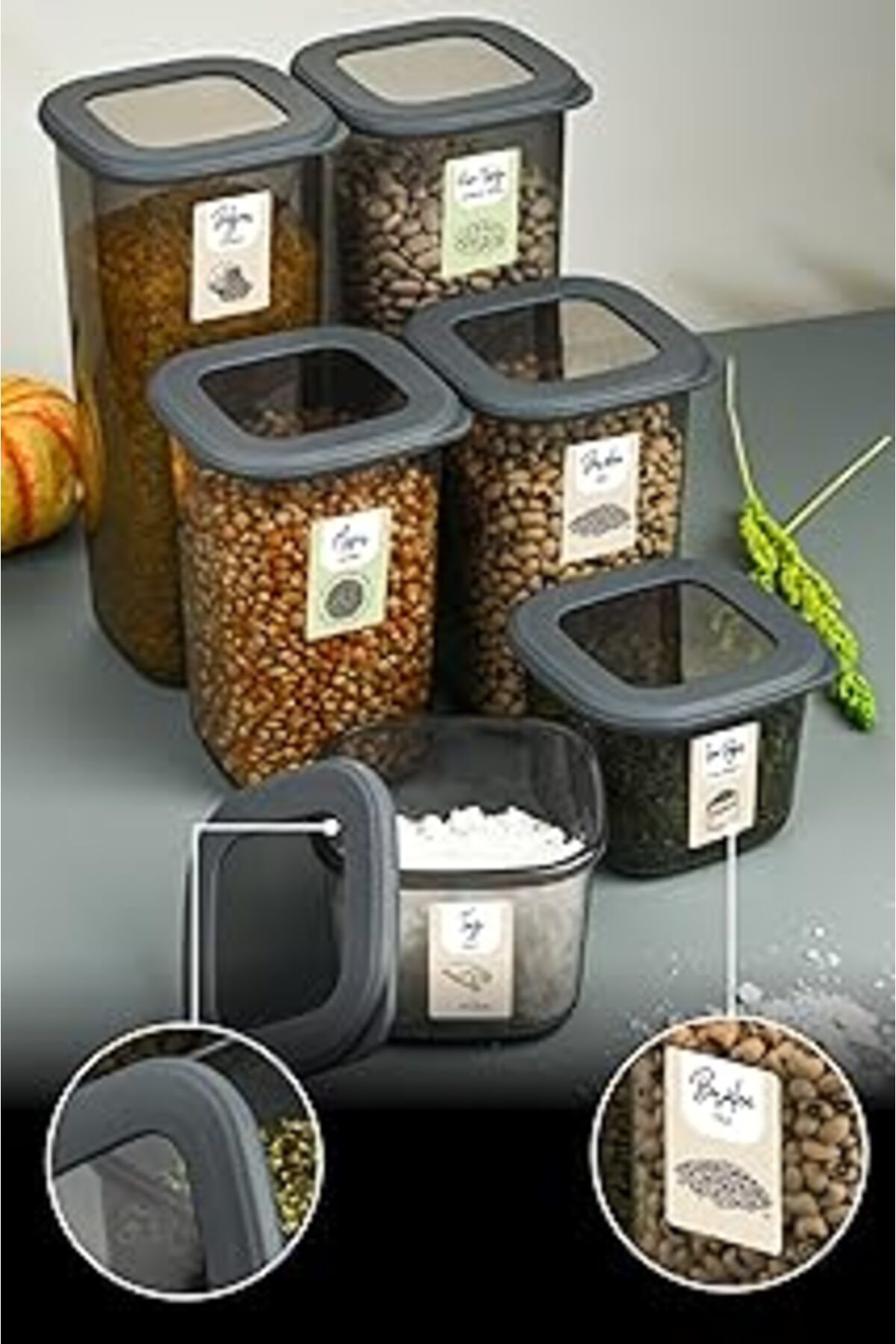 Mu Art Ahşap Renkli Etiketli 6Lı Foly Erzak Saklama Kabı 2X(0,55 Litre, 1,2 Litre, 1,75 Litre) Antrasit