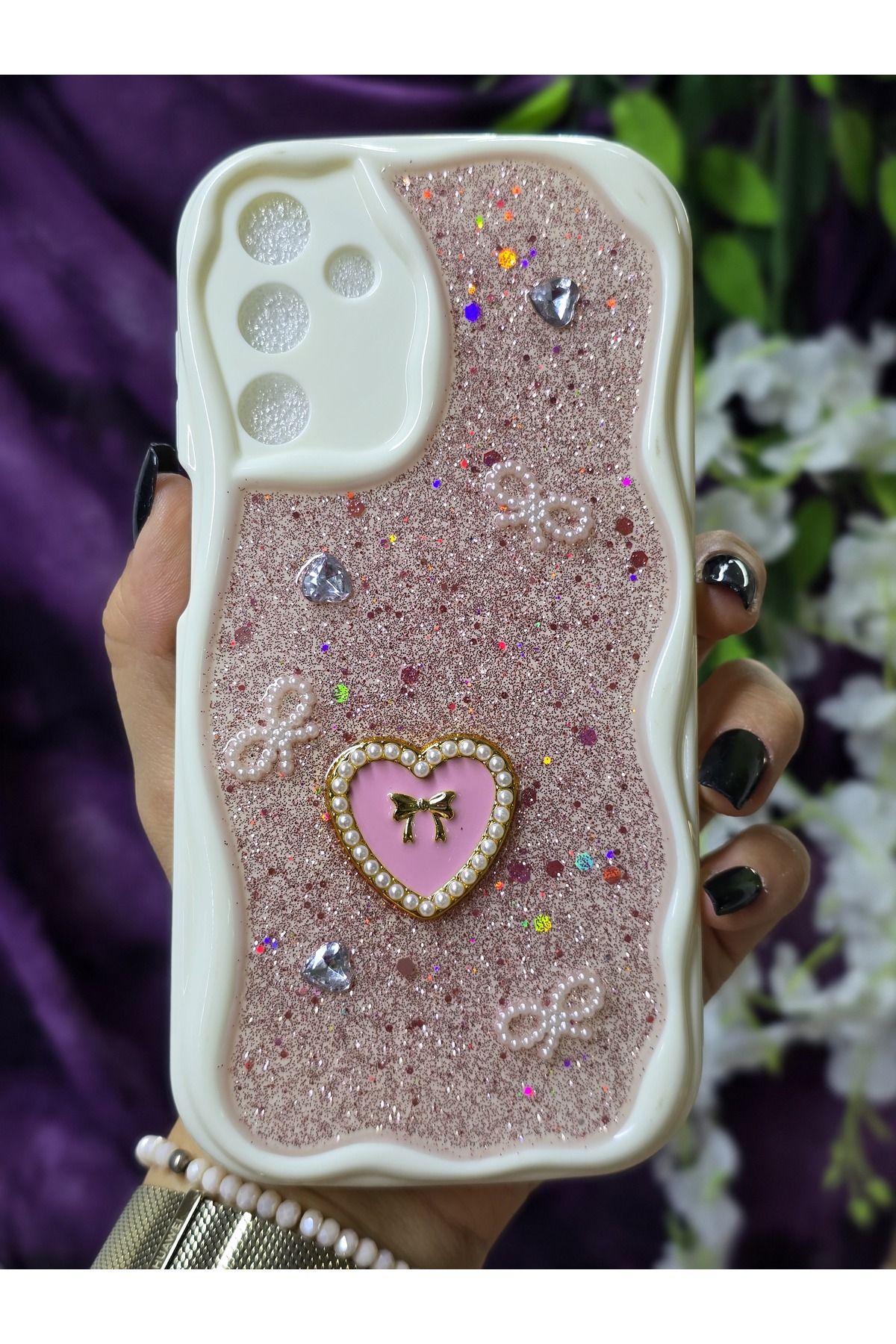 Magic Ring Samsung Galaxy M15 Uyumlu Kalpli Pembe Simli İnci ve Kurdele Detaylı Şık Telefon Kılıfı