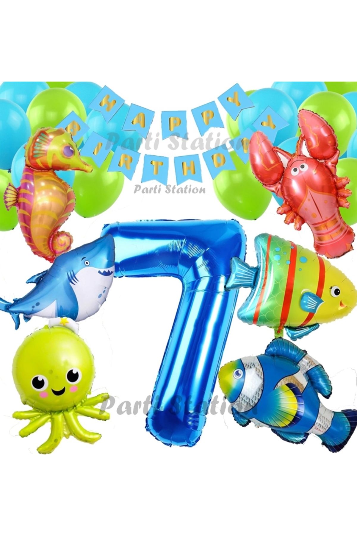 Partifest Büyük Boy Balonlu Okyanus Hayvanları 7 Yaş Doğum Günü Balon Set Deniz Canlıları Balon Set