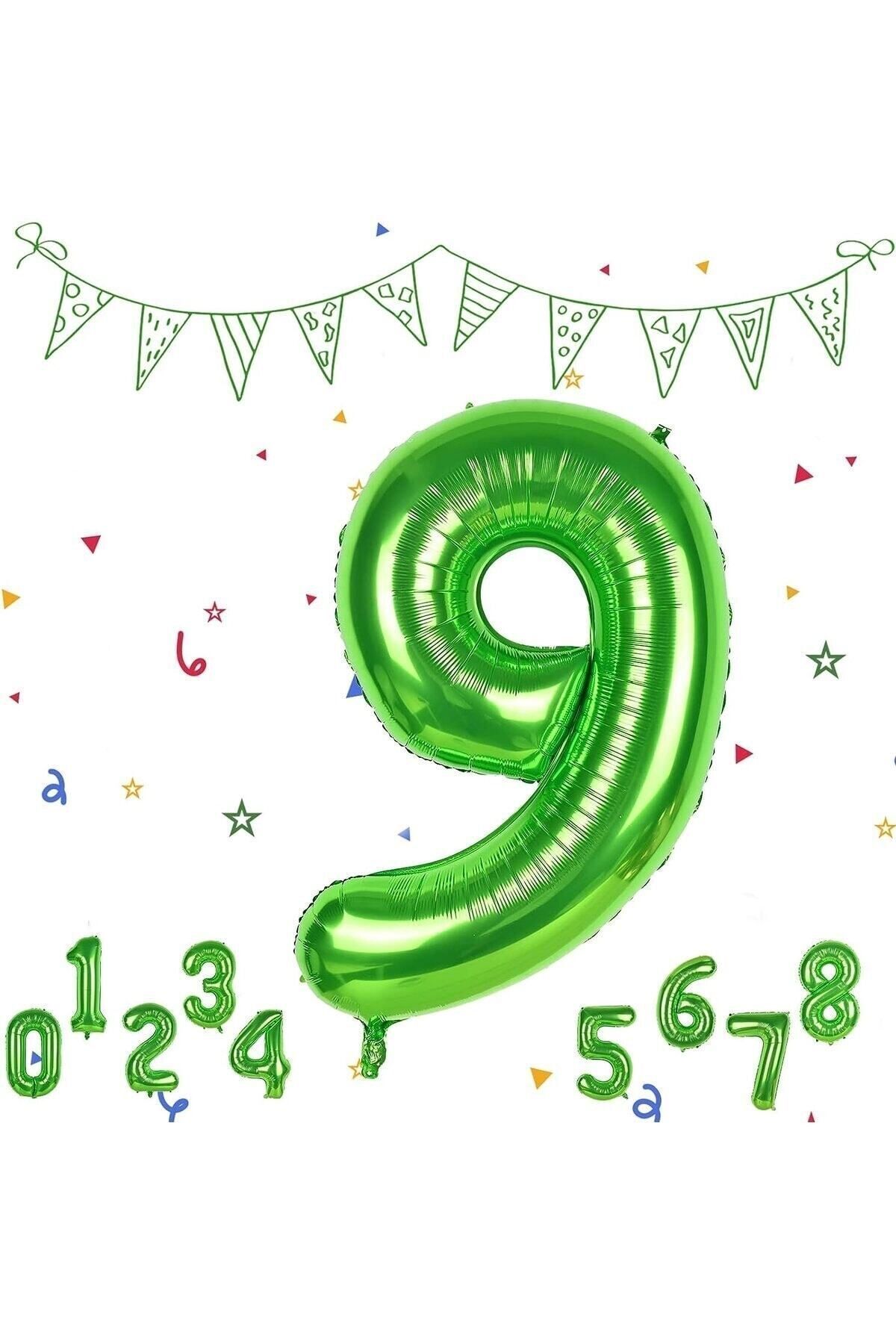 Partifest 9 Yaş Yeşil Renk Rakam Folyo Balon 9 Dokuz Rakam Yeşil Renk Helyum Uçan Balon Rakam Balon