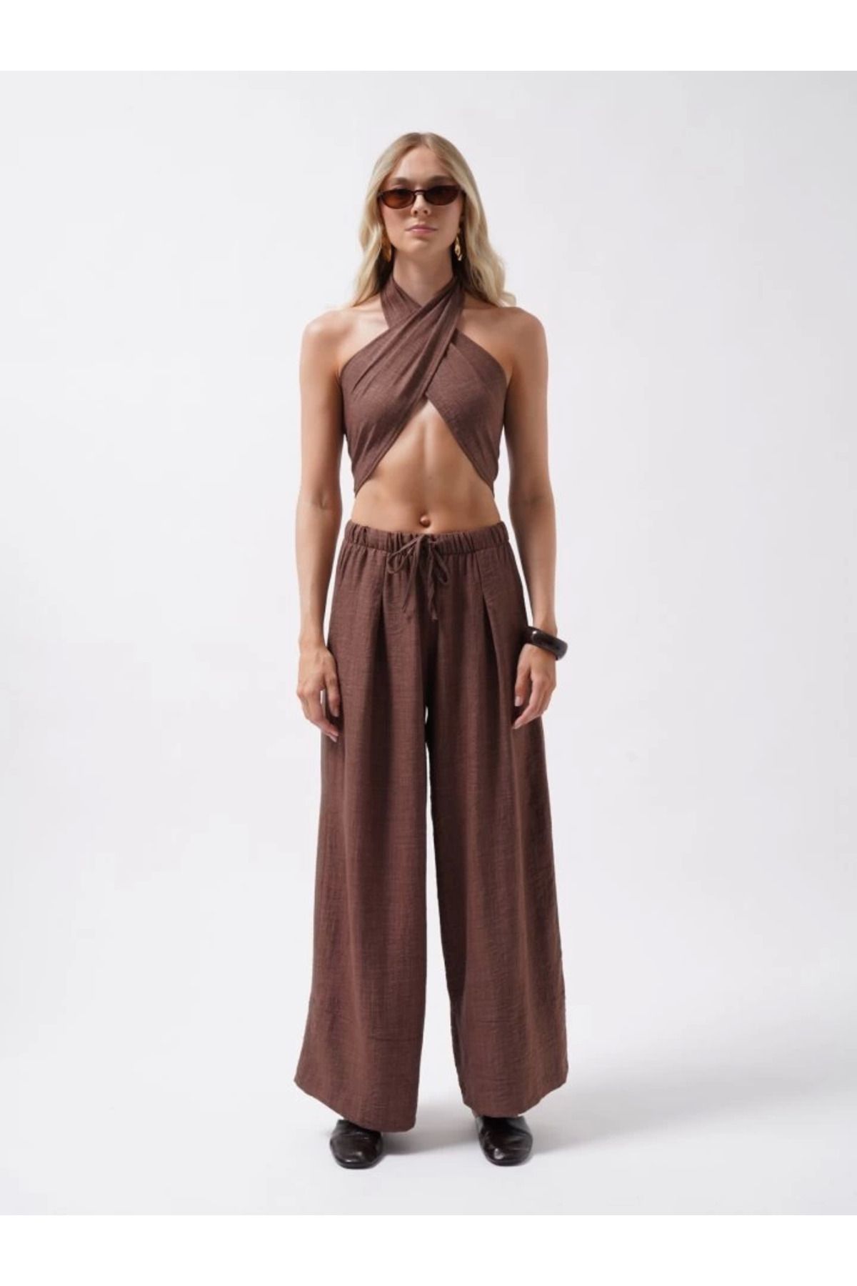 Omarı Düşük Bel Oversize Keten Pantolon