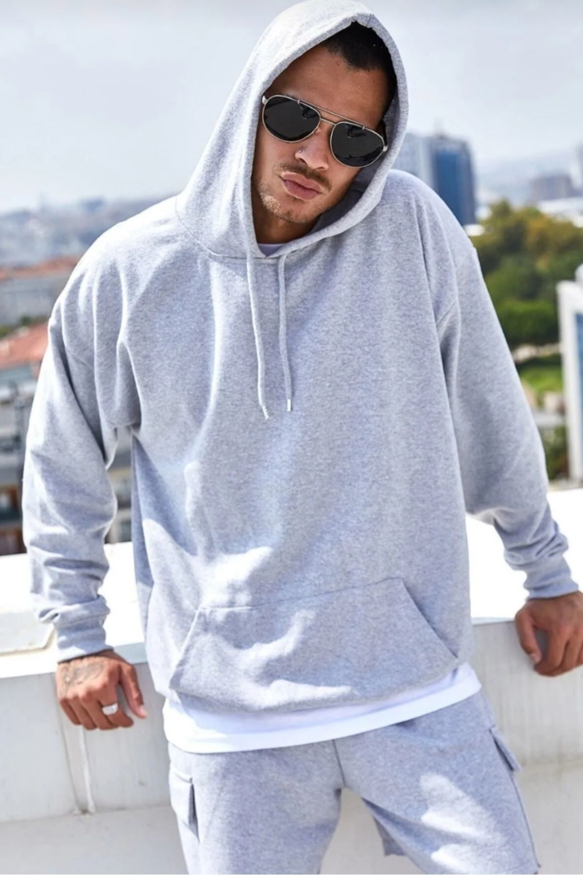 AV ANZAV 1574 Unisex Gri Kapüşonlu Kangru Cep 2 Iplik Sweatshirt