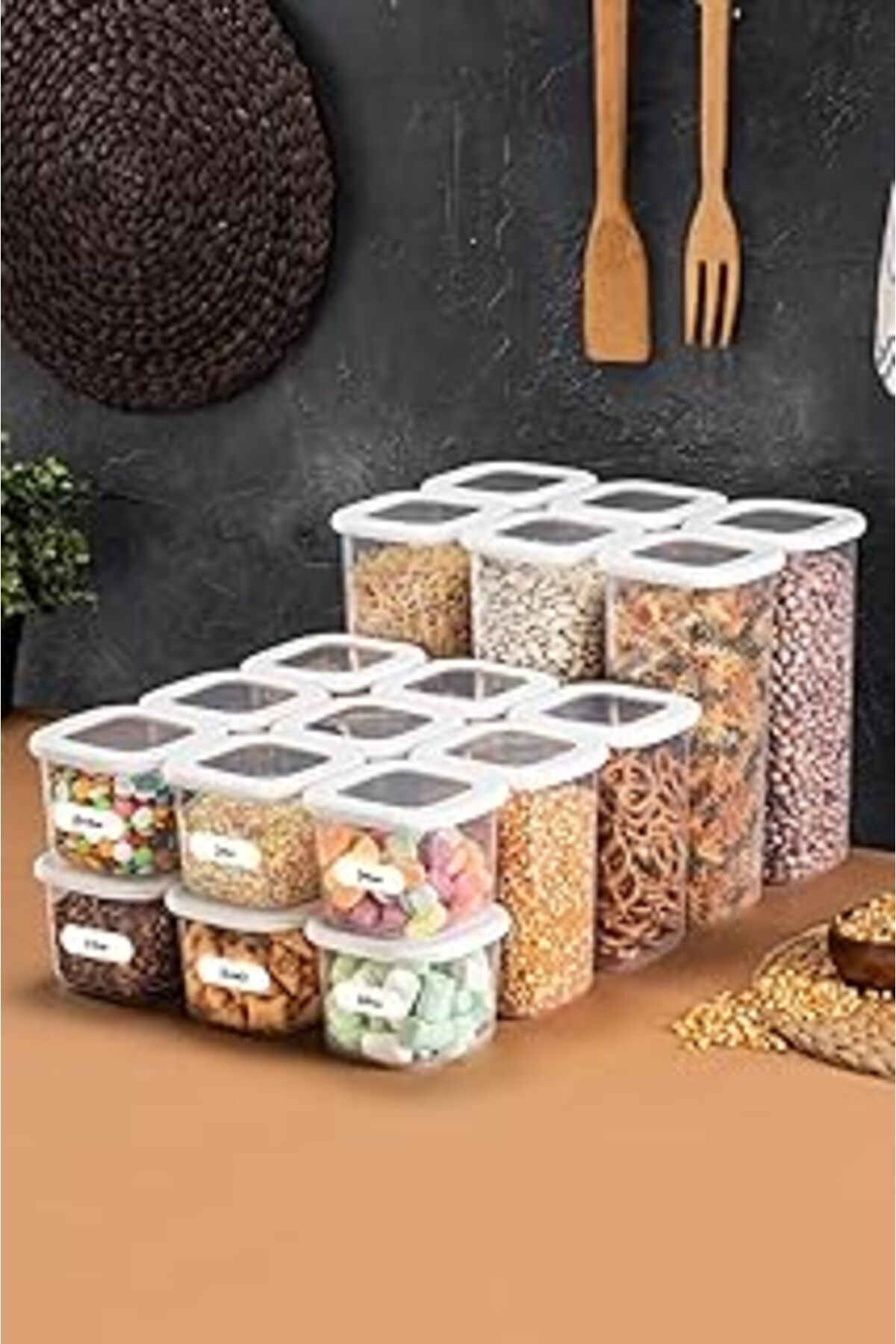 Mu Art Ahşap Foly Etiketli Erzak Saklama Kabı 18'Li Set 6X(0,55 Litre, 1,2 Litre, 1,75 Litre)