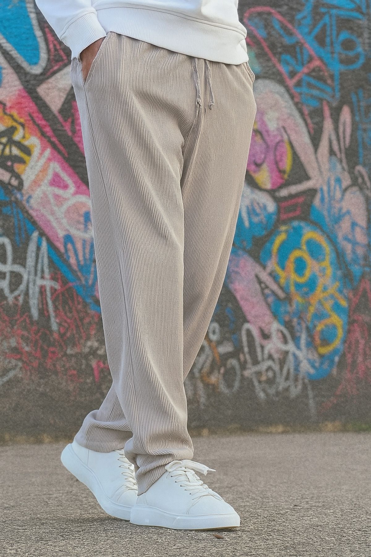 ElitWear Rahat Kalıp Çizgili Esnek Kumaş Fitilli Relaxed Pantolon