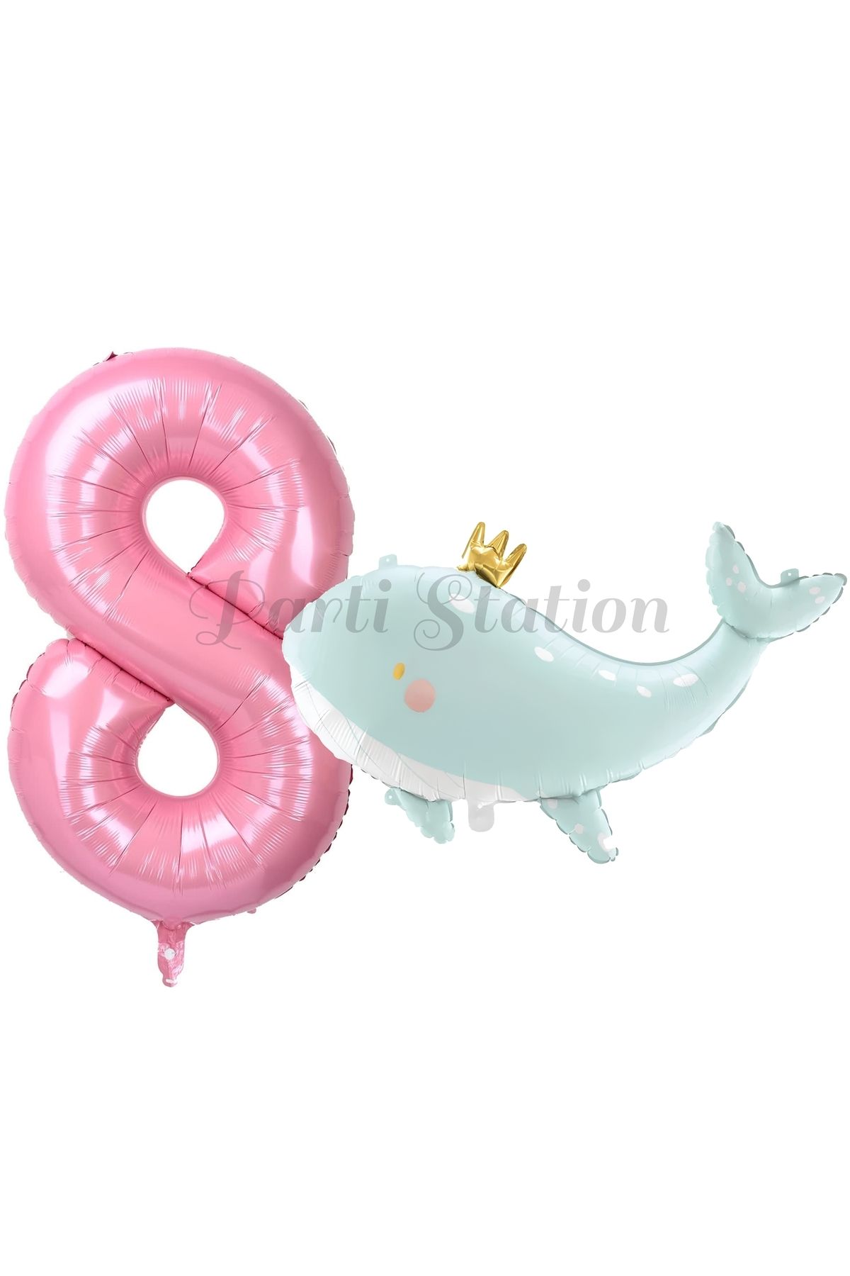 Partifest Sevimli Yeşil Balina 8 Yaş Balon Set Deniz Okyanus Canlıları Konsept Balon ve Pembe Rakam Balon