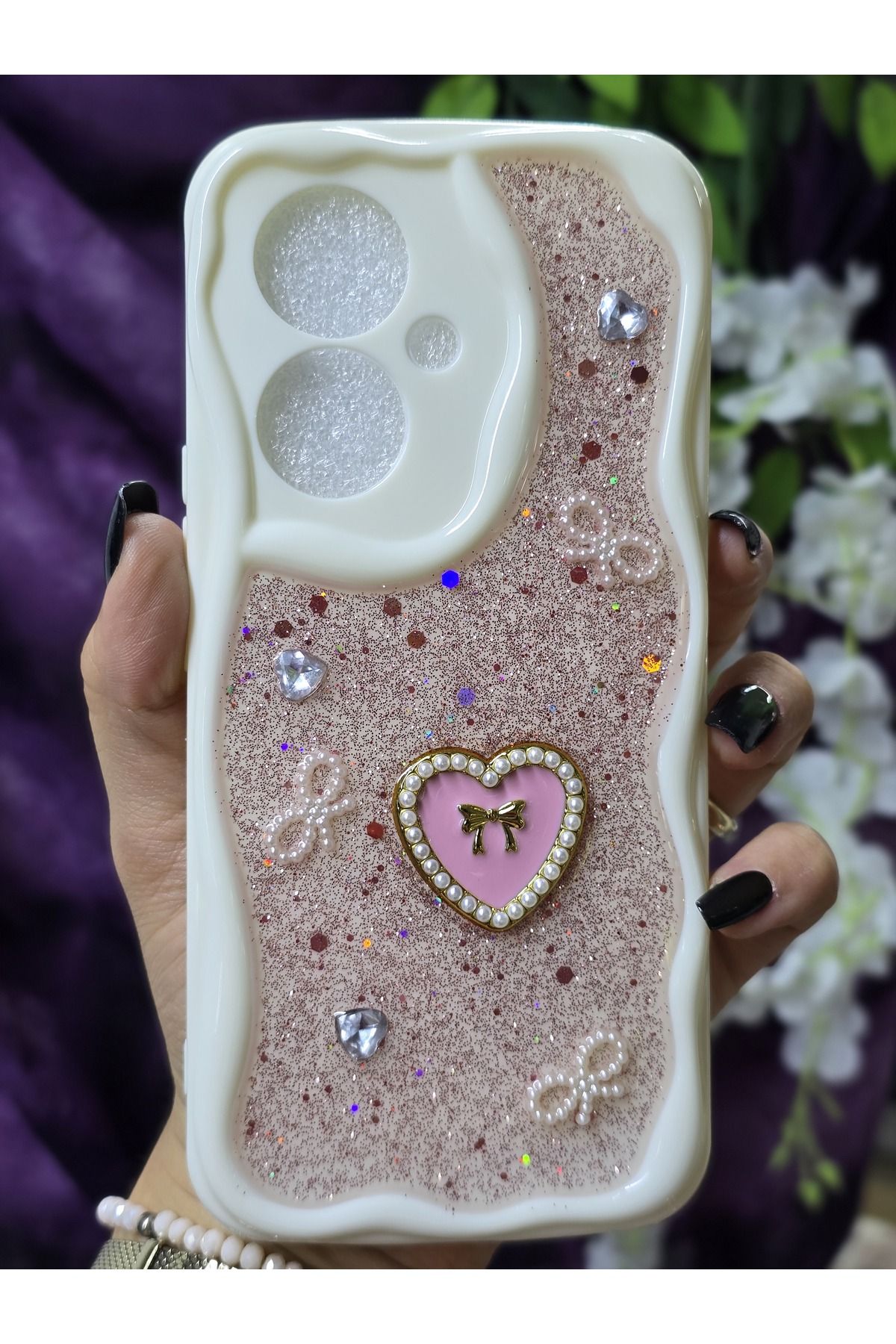 Magic Ring Vivo V29 Lite Uyumlu Kalpli Pembe Simli İnci ve Kurdele Detaylı Şık Telefon Kılıfı