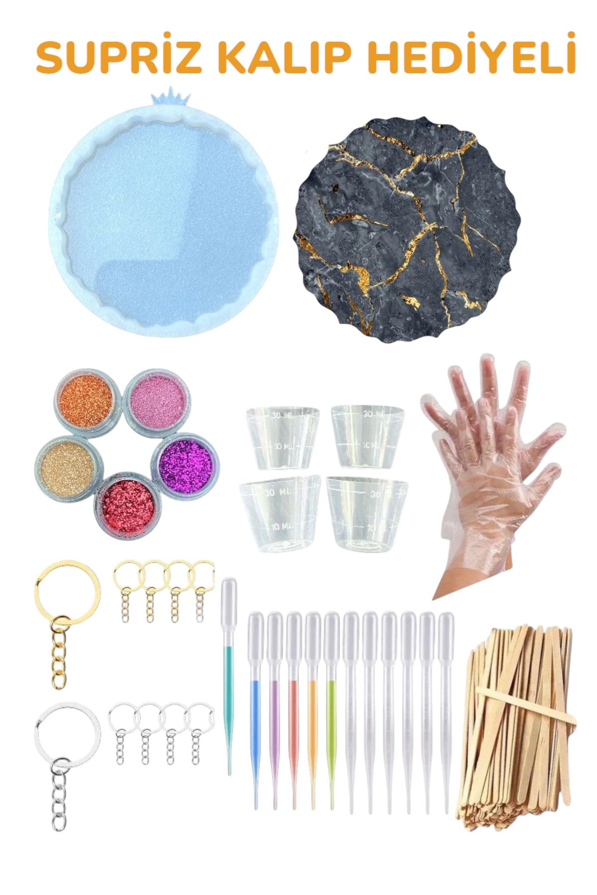 cnk craft shop Epoksi Başlangıç Seti 310 Parça'lı Silikon Kalıp Takı Çivileri Glitter Döküm Kabı Damlalık SET V3