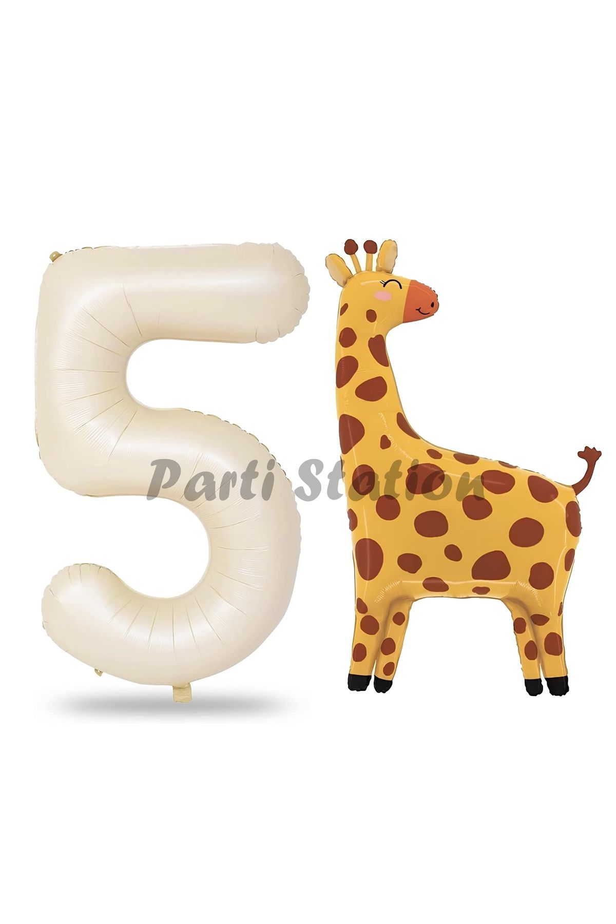 Partifest Safari Zürafa Balon 5 Yaş Balon Set Safari Konsept Sevimli Zürafa Balon ve Krem Renk Rakam Balon