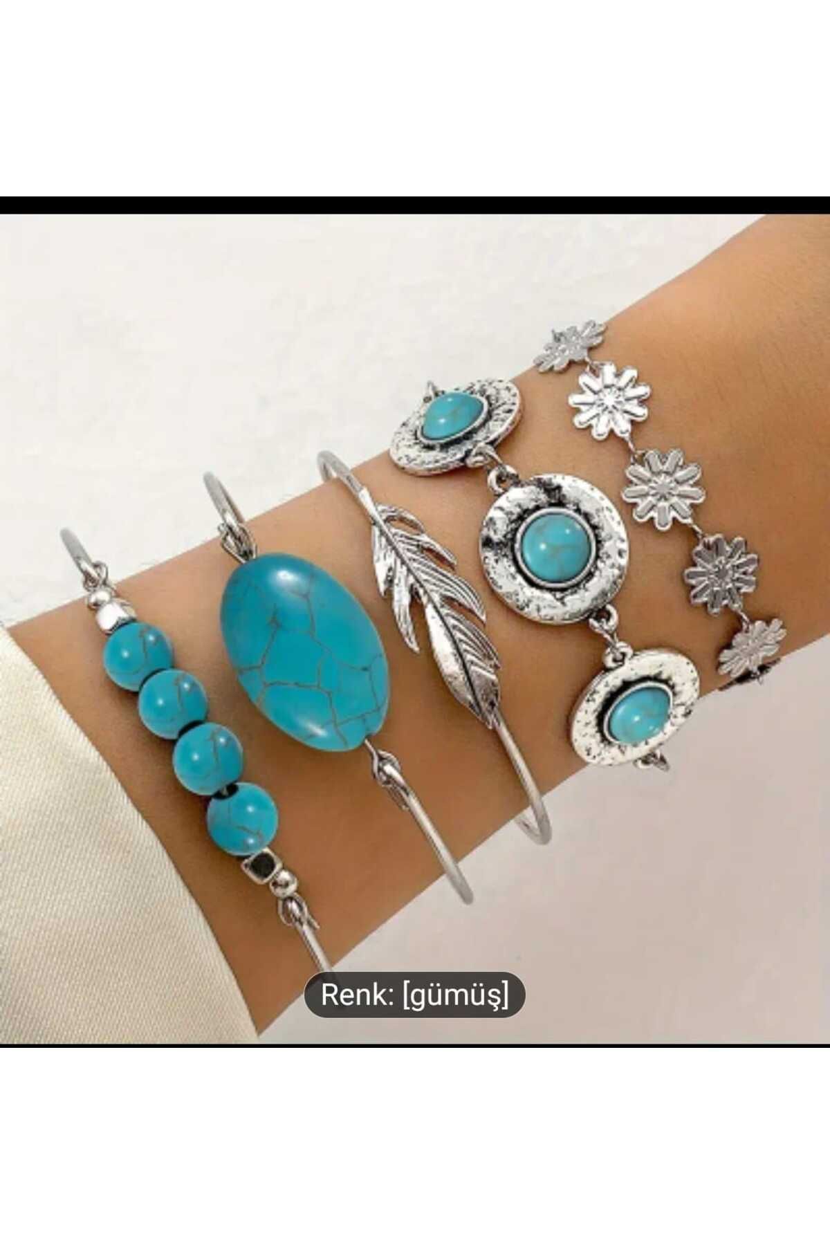 MODA 5’li Kombin Turkuaz Taşlı Bileklik Seti