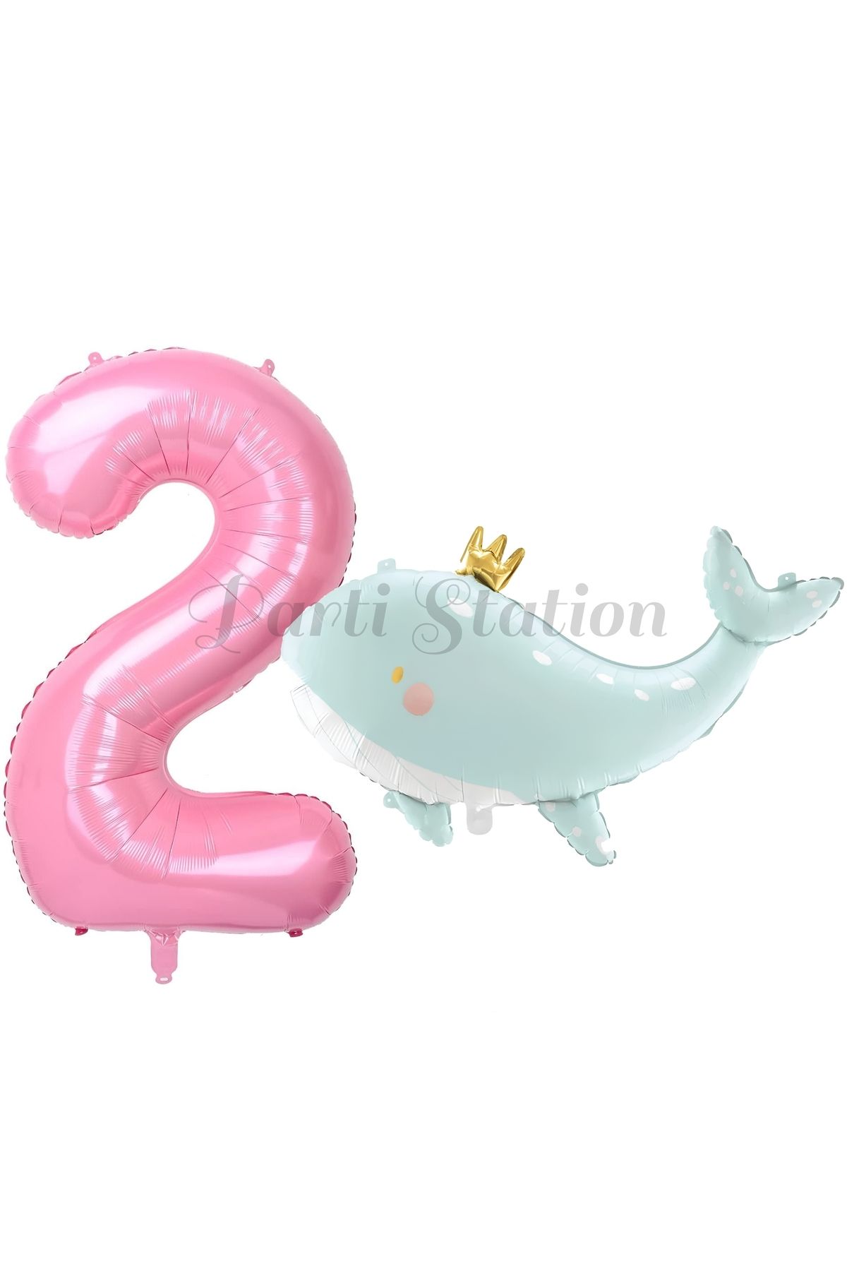 Partifest Sevimli Yeşil Balina 2 Yaş Balon Set Deniz Okyanus Canlıları Konsept Balon ve Pembe Rakam Balon