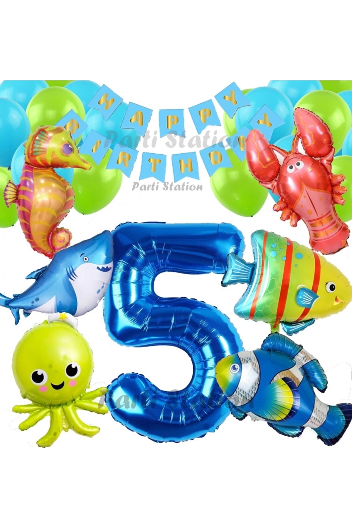 Partifest Büyük Boy Balonlu Okyanus Hayvanları 5 Yaş Doğum Günü Balon Set Deniz Canlıları Balon Set