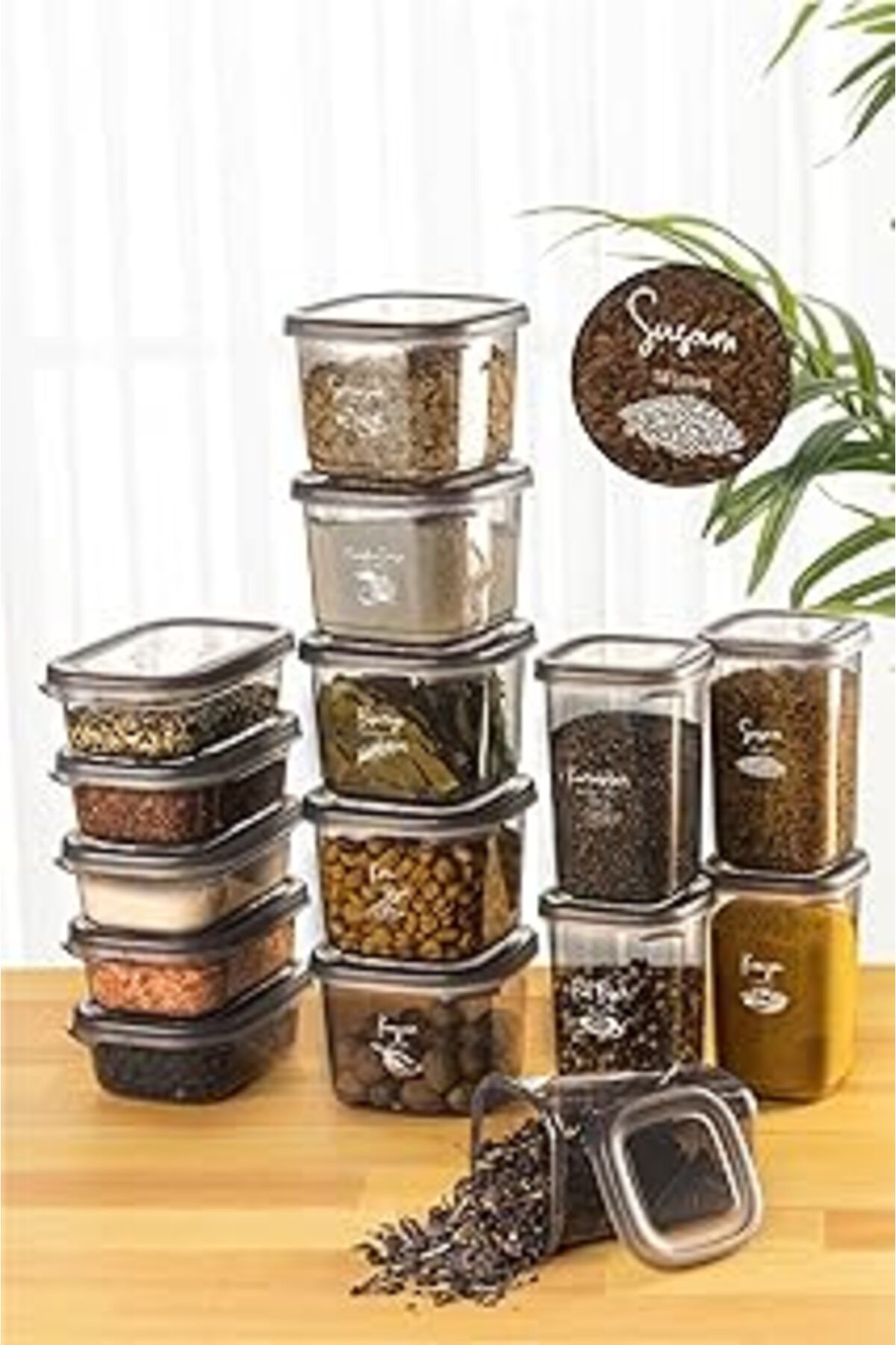 Mu Art Ahşap 15Li Süper Set Baharat Saklama Kabı Seti Avantajlı Paket 5X(0,40, 0,45, 0,55 L) Etiketli