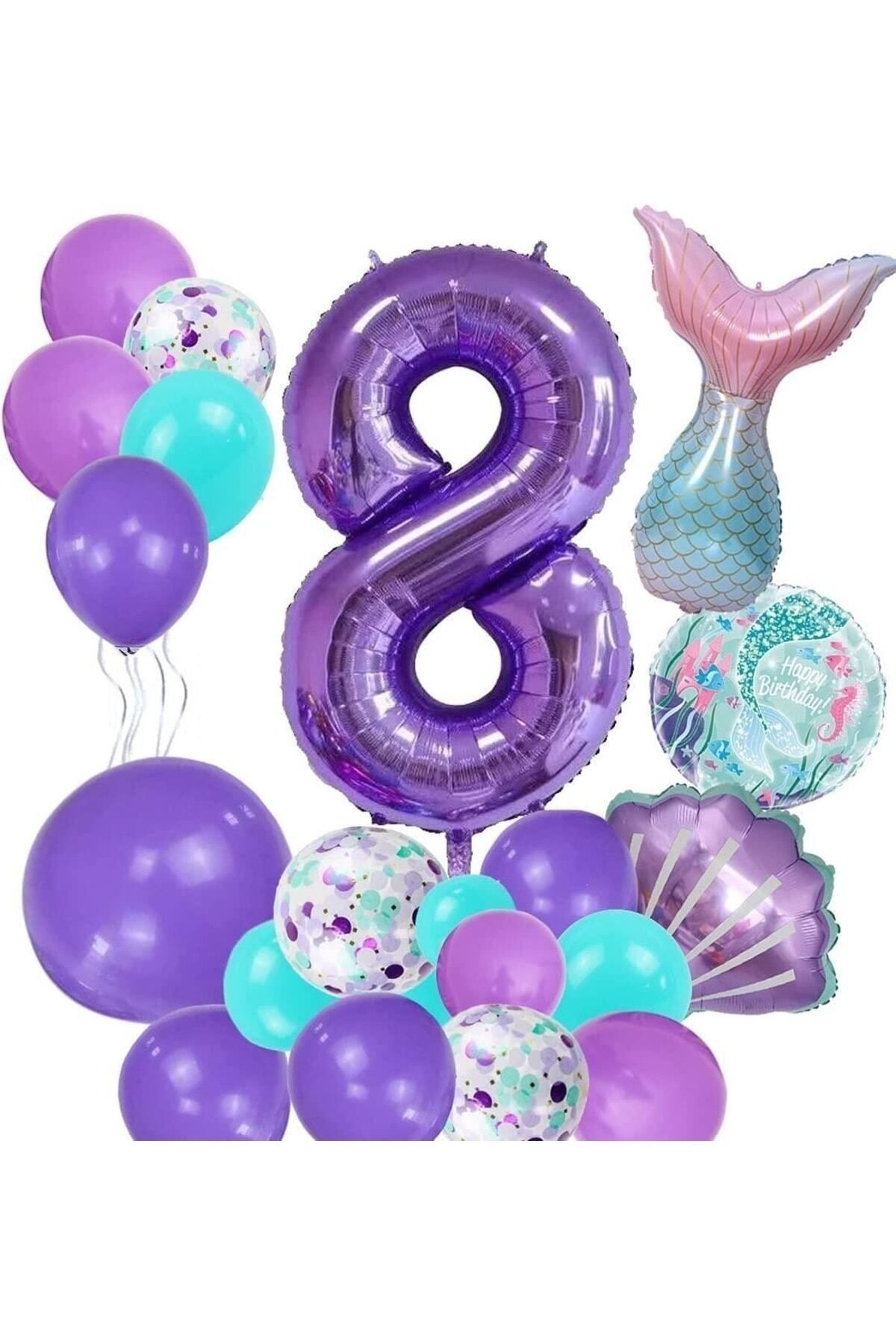 Partifest Mor Rakam Balon 8 Yaş Deniz Kızı Temalı Doğum Günü Parti Kutlama Seti Konsept 1