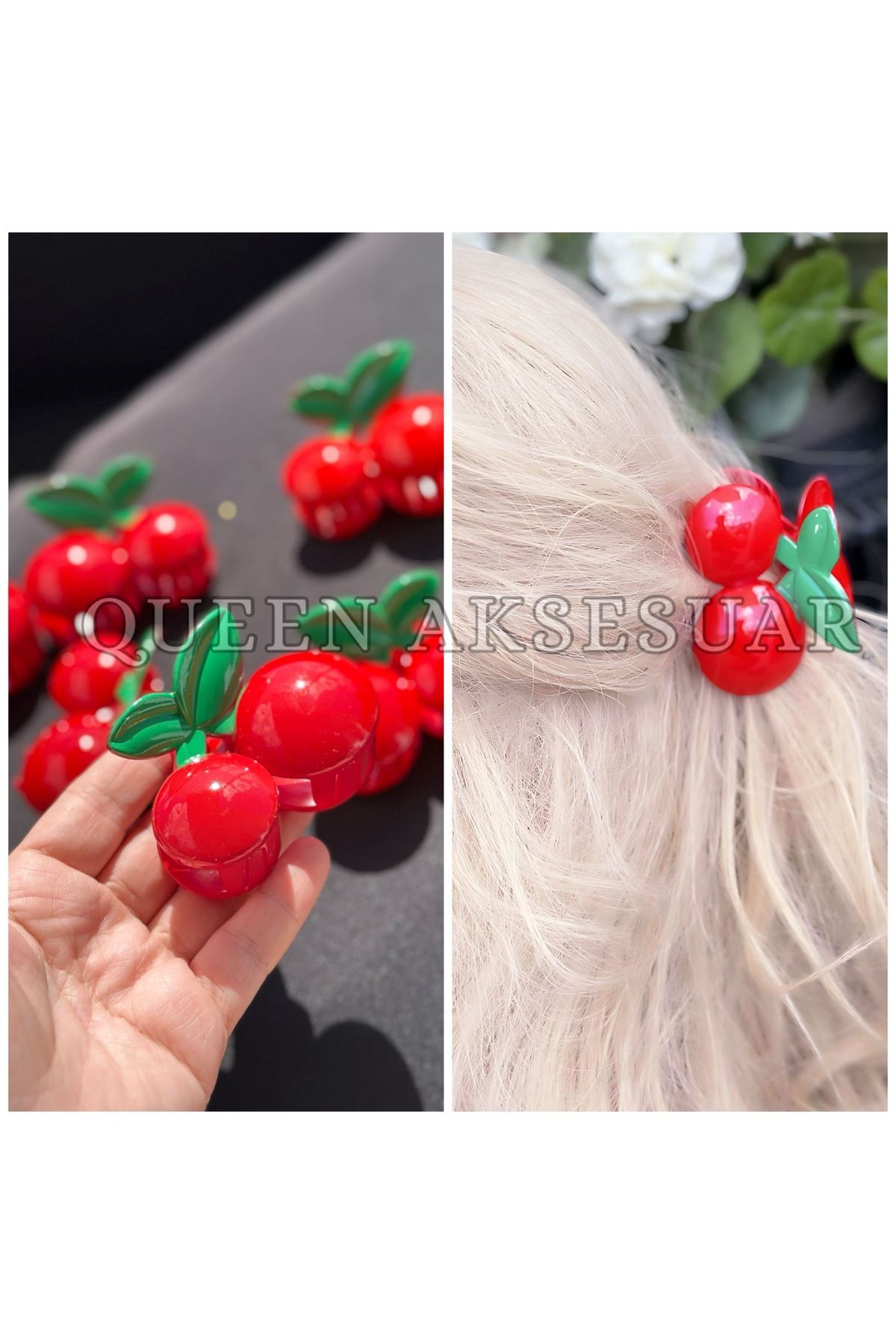 QUEEN AKSESUAR Yeni trend lüks kemik dev büyük parlak Işıltılı kırmızı Kirazlı Yapraklı mandal toka 8cm