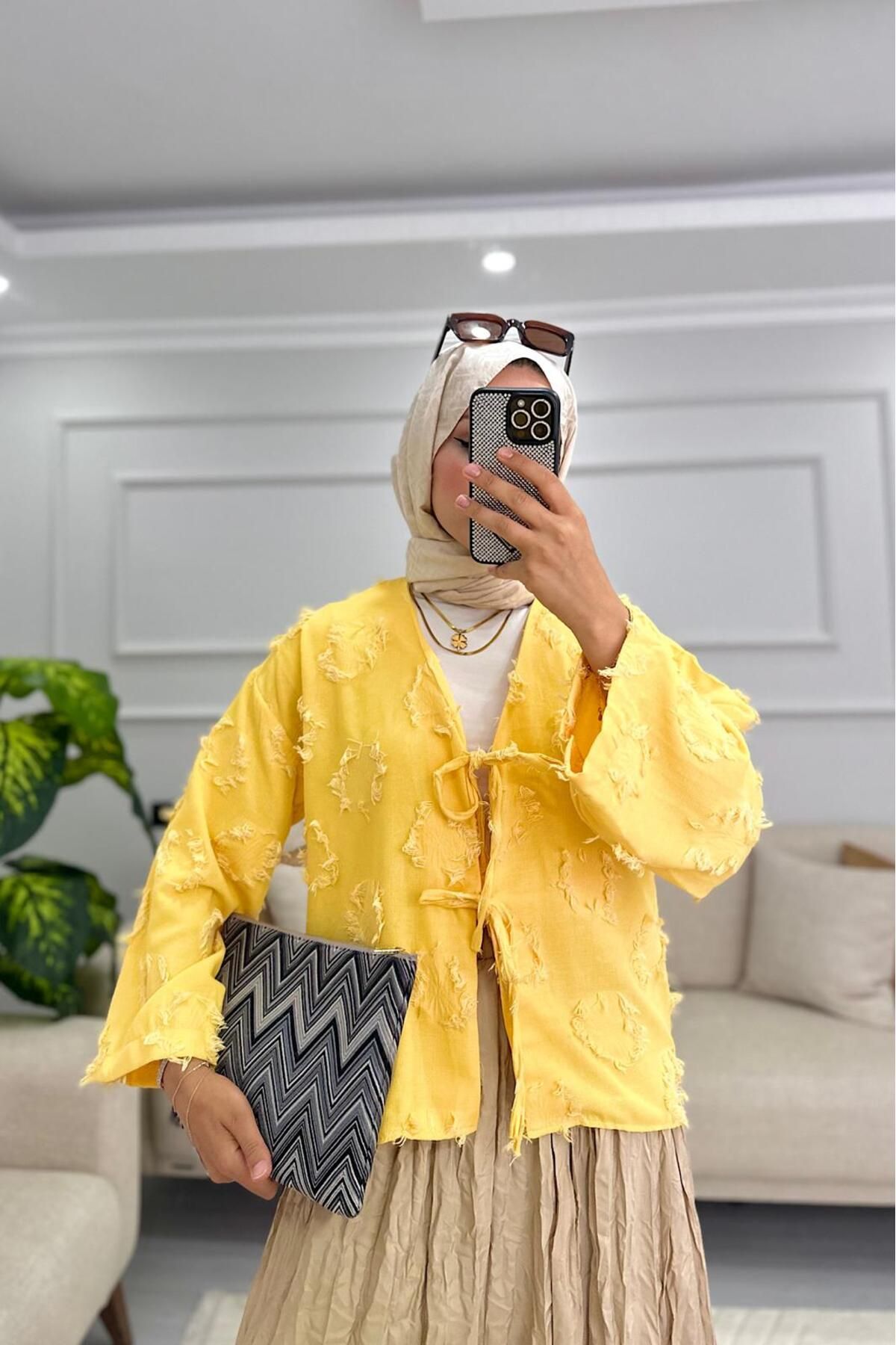 HİFADEN Kadın Püsküllü Bağlama Detay Tesettür Kimono