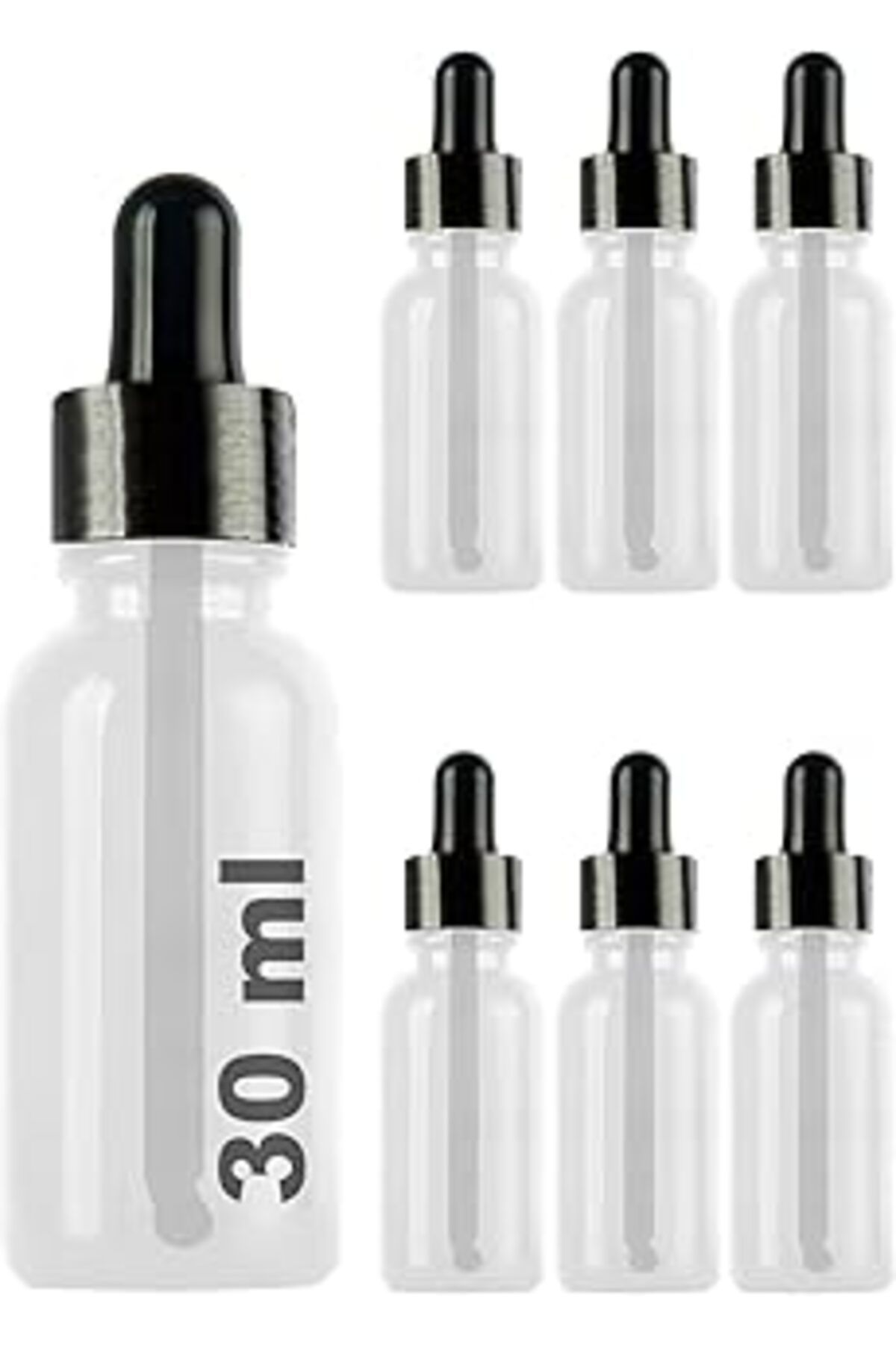 Mu Art Ahşap Afracam 30 Ml Metal Kapaklı Damlalık Dropper Şişesi Serum 30 Cc Cam Şişe 6 Adet (Siyah Kapak, Şeffa