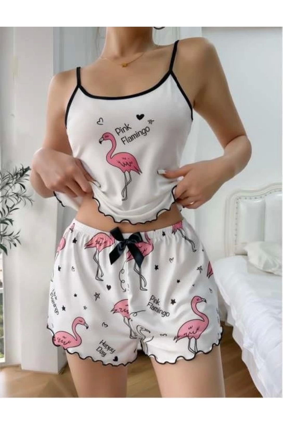 GiyimCity Pink Flamingo Desenli Askılı Şortlu Pijama Takımı