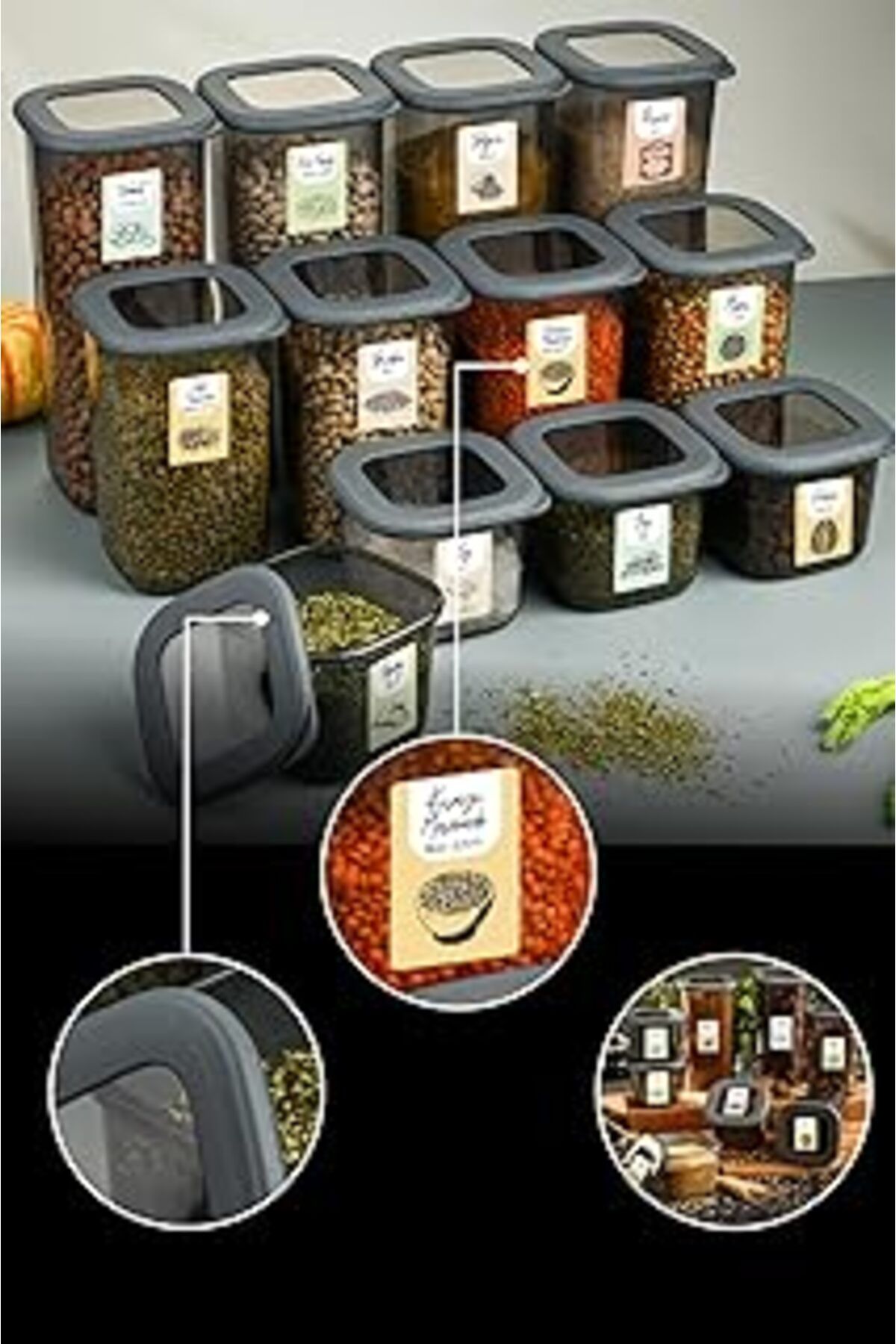 NETWORK ART Renkli Etiketli 24Lü Foly Erzak Saklama Kabı 8X(0,55 Litre, 1,2 Litre, 1,75 Litre) Antrasit