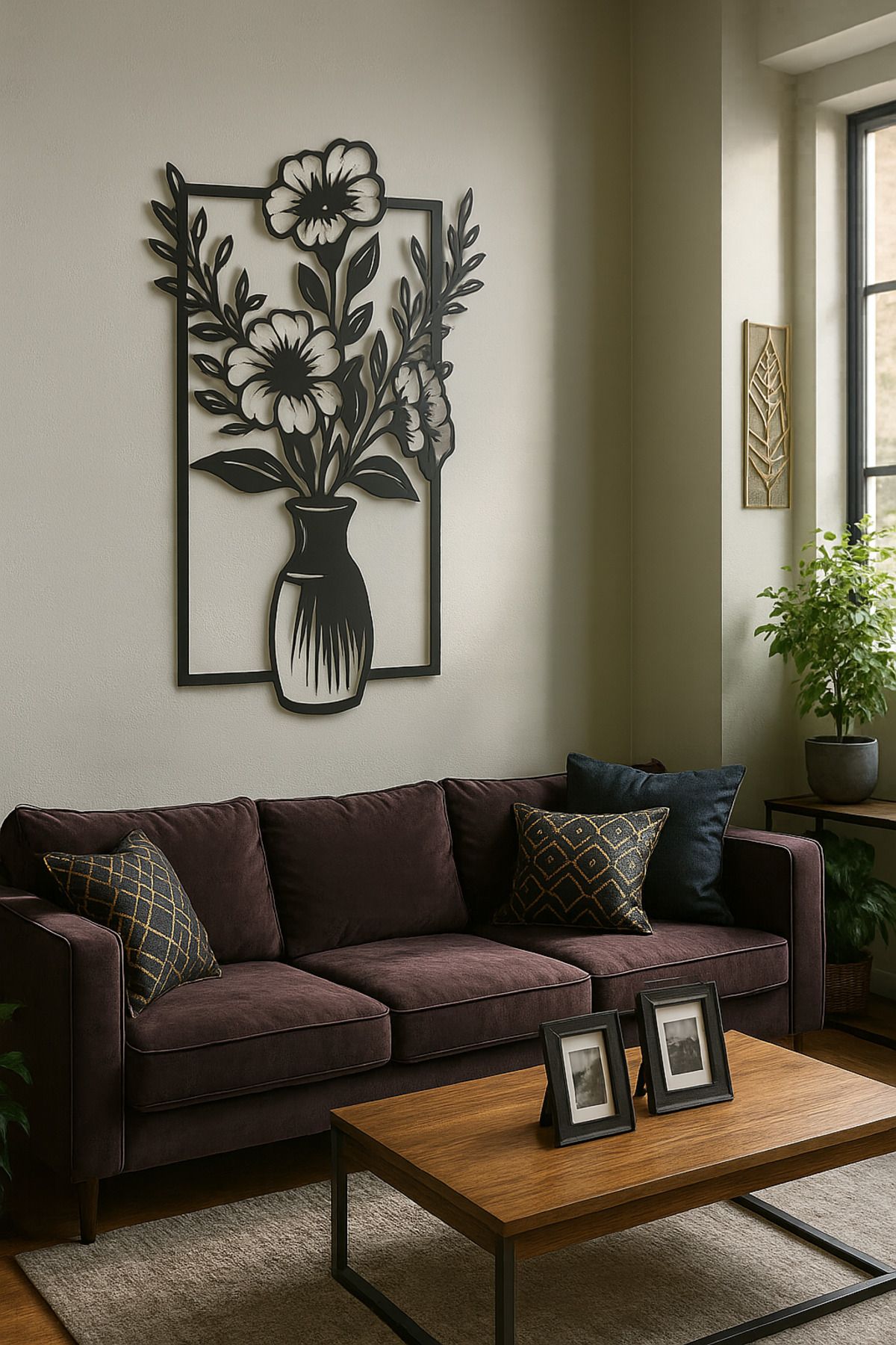 LUNOART Metal Duvar Tablosu Çiçekli Vazo Desenli | Modern Salon Duvar Dekoru