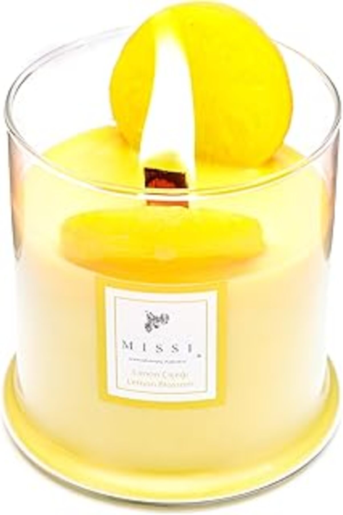 Mu Art Ahşap Büyük Üfleme Cam Ahşap Fitilli Limon Çiçeği Vegan Mum (380 Gr)