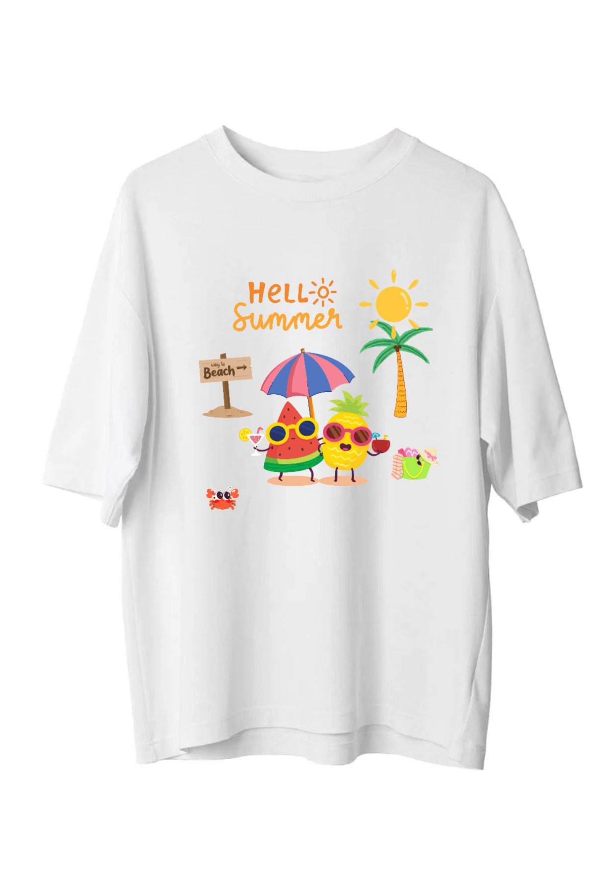 VMGA Hello Summer Baskılı Tişört – Renkli Yaz Temalı, Plaj ve Meyve Karakterli Unisex Tişört