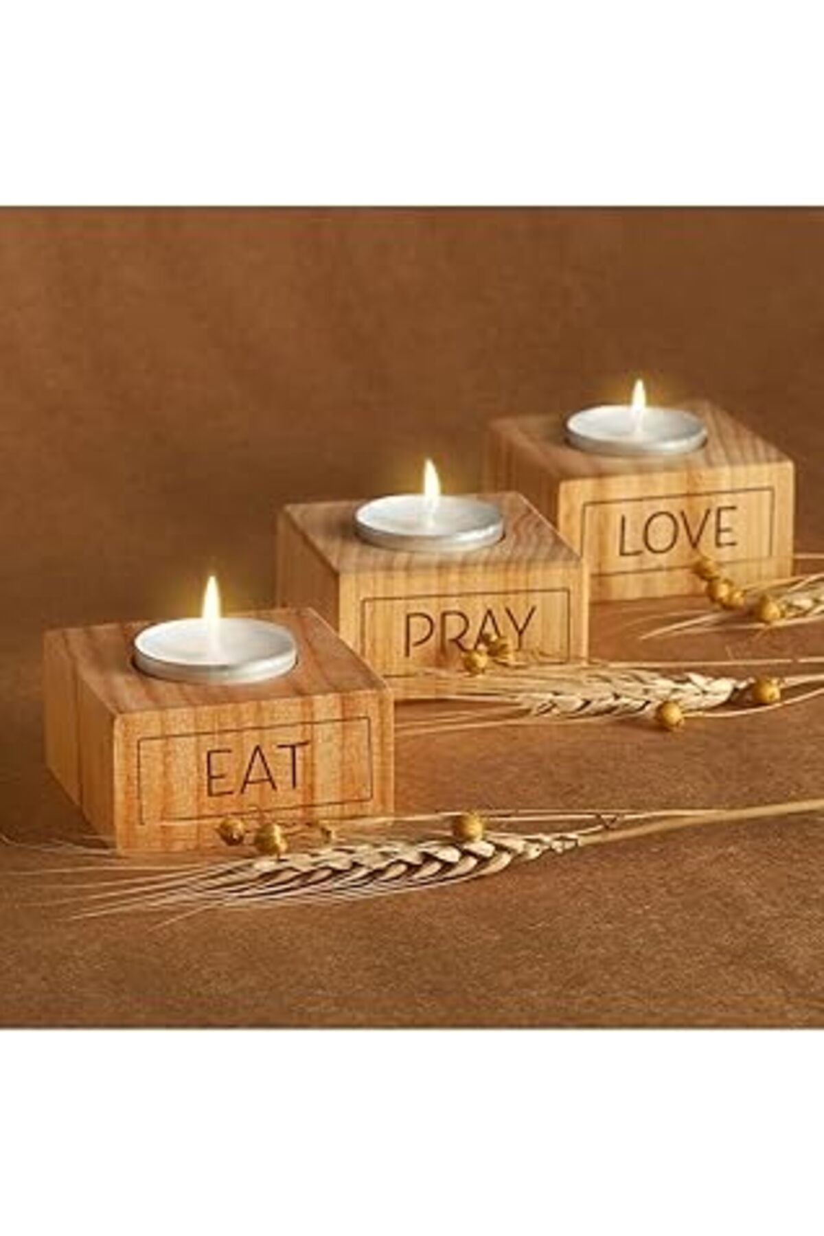 NETWORK ART Hediyesepeti Eat | Pray | Love Motto Tasarımlı 3lü Ahşap Mum Seti