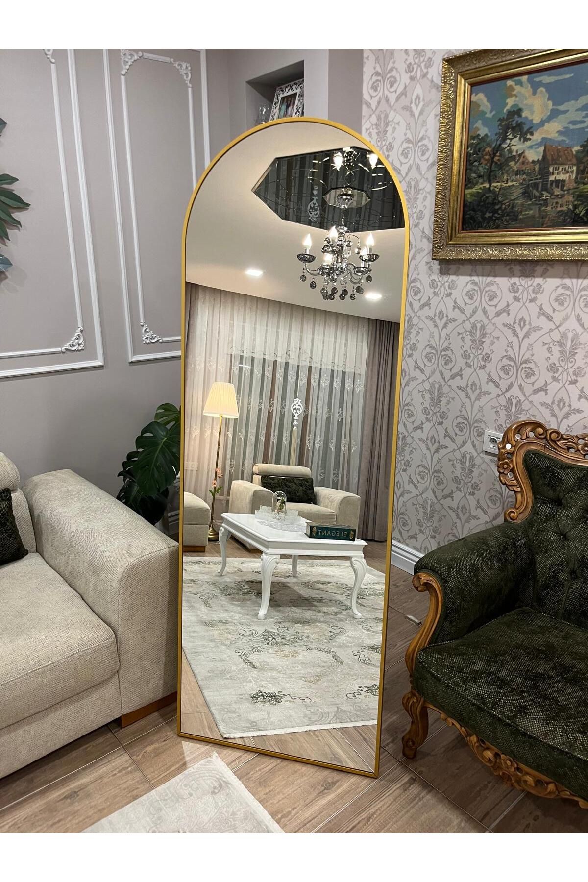 AYNACIZADE Gold Metal Çerçeveli Oval Ayaklı Boy Aynası 180 x 60 Cm