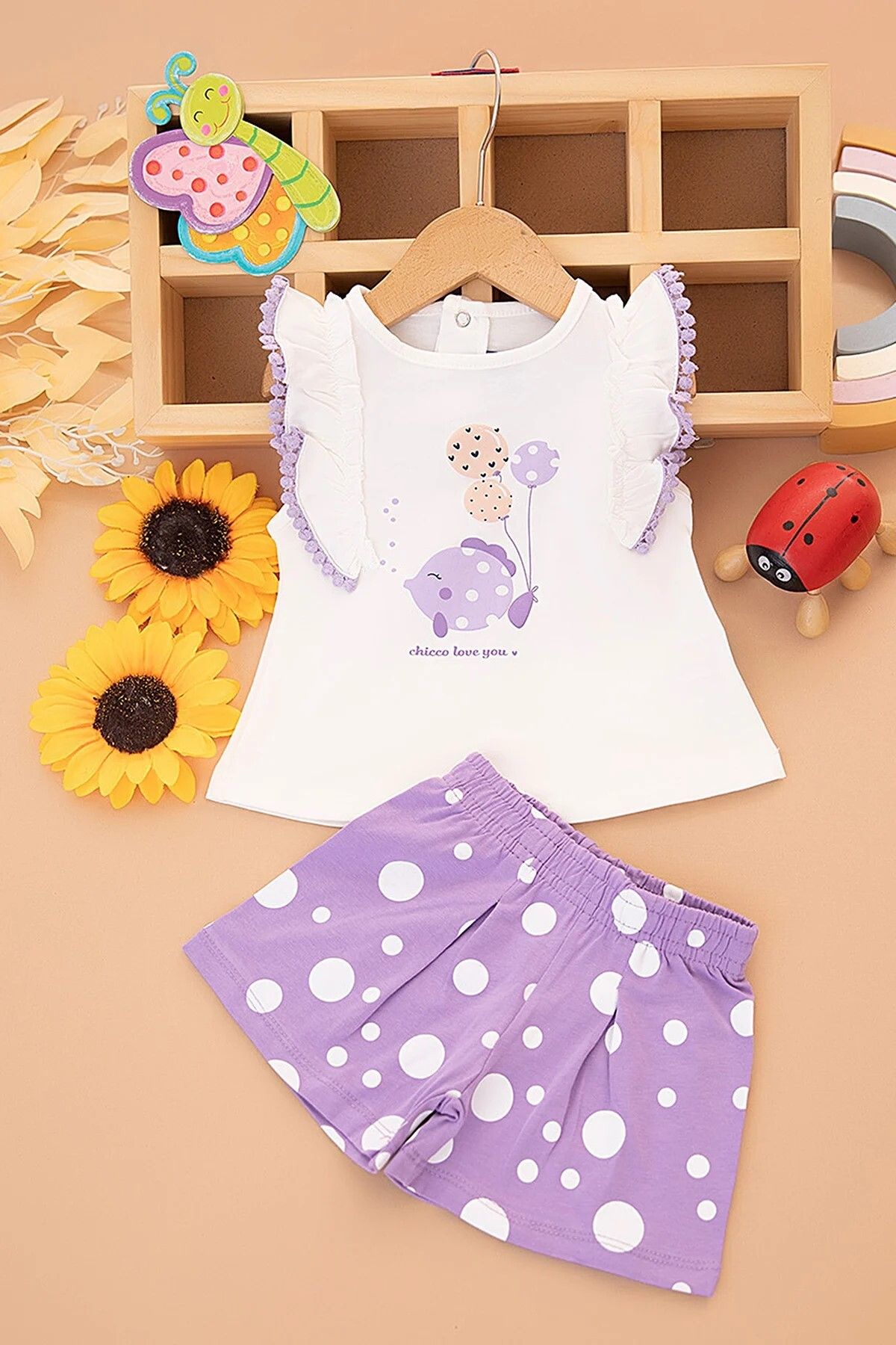 VEGAMOD KIZ BEBEK YAZLIK BALON BASKILI DANTEL DETAYLI SIFIR KOL ŞORTLÜ 6-9-12-18-24AY TAKIM