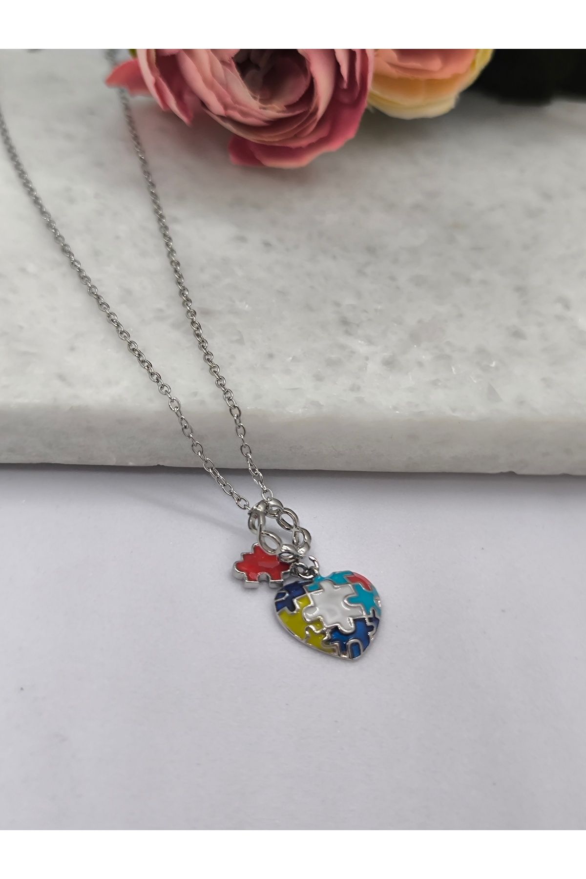 Ece Takı Aksesuar Silver Renk Minimal Zincir Puzzle Tasarım Çelik Kolye