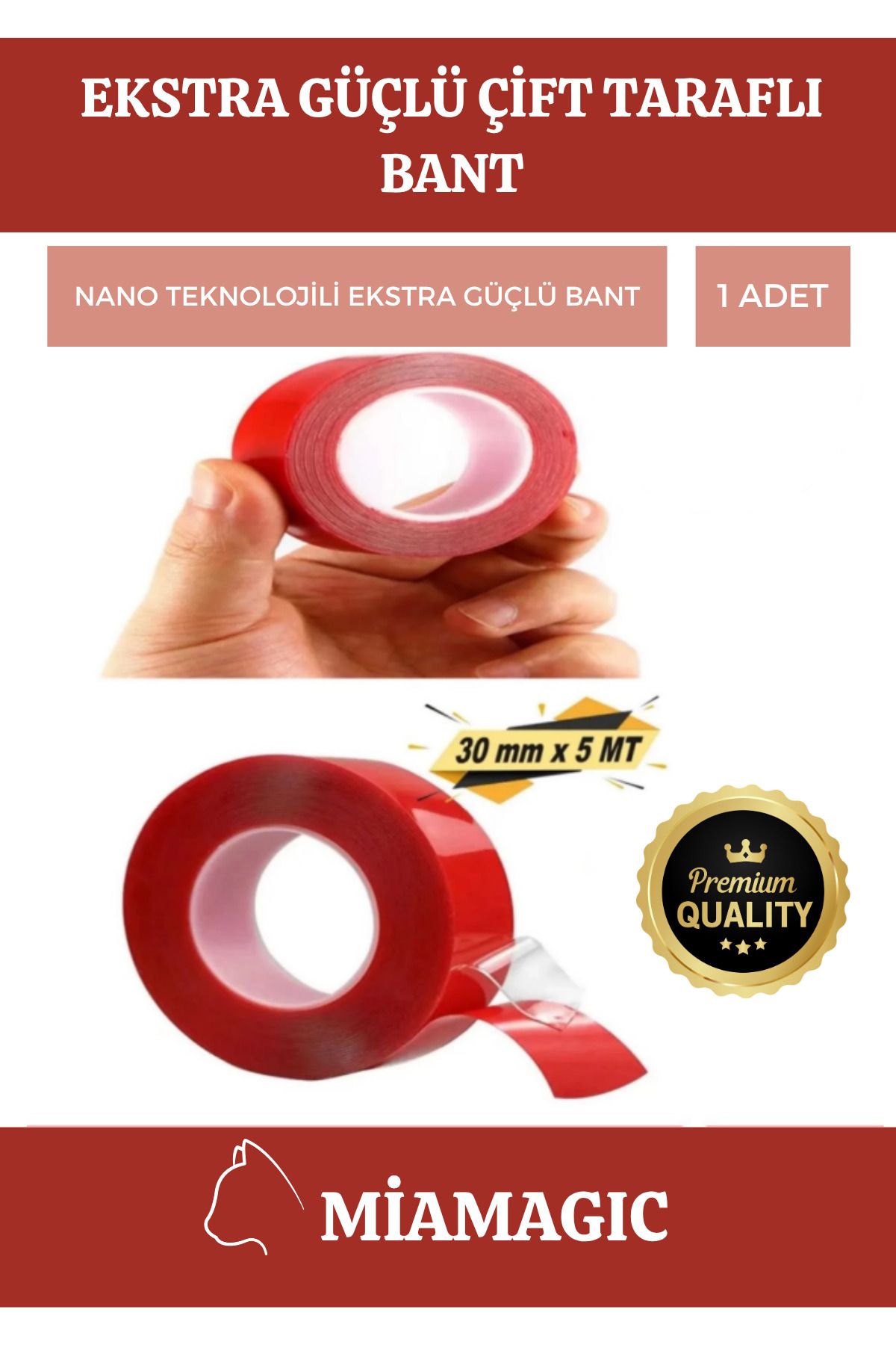 Miamagic Özel Üretim 30mm X 5mt İz Bırakmayan Süper Güçlü Çift Taraflı Akrilik Köpük Montaj Bandı - 1 Adet