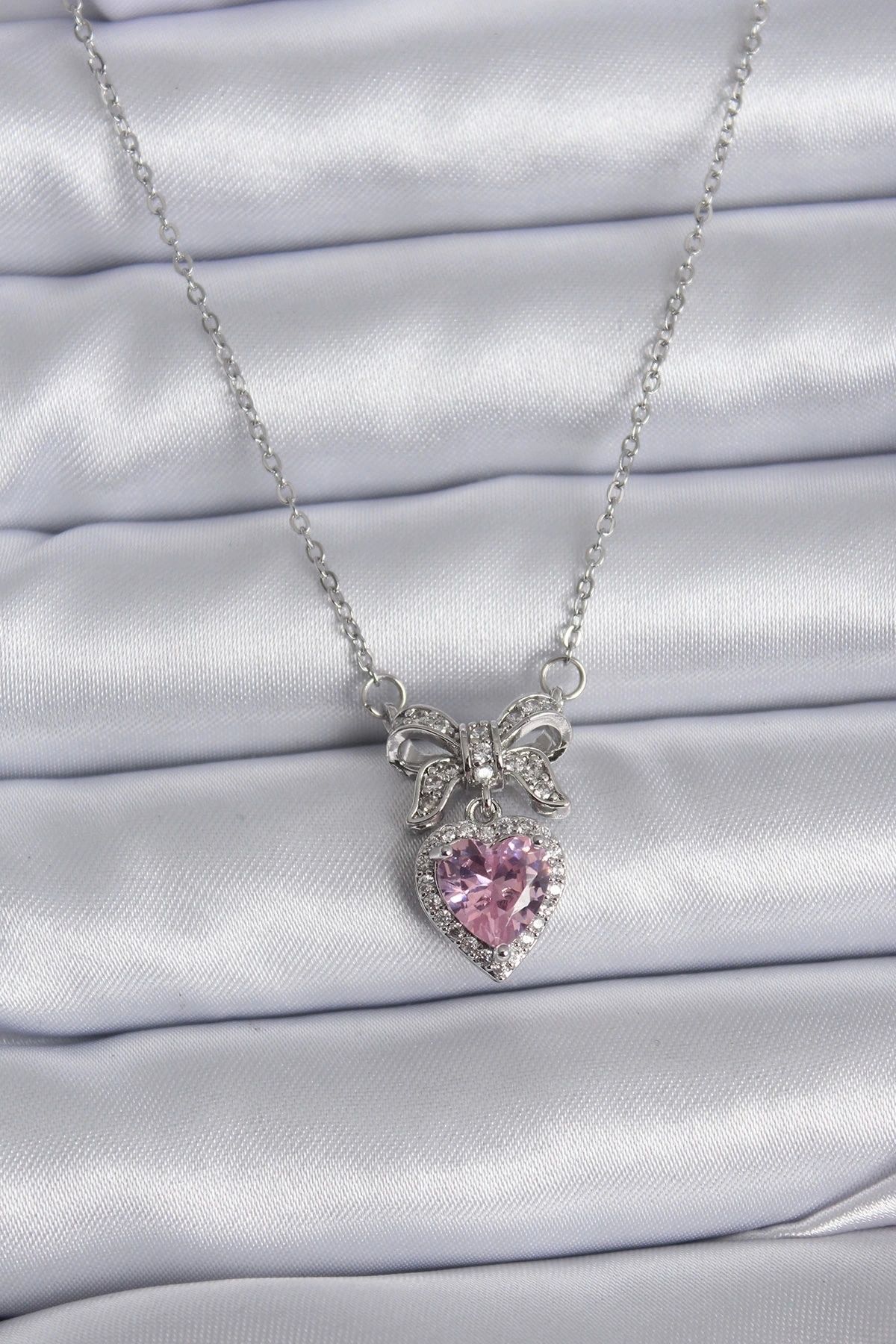 shopwave 316L Çelik Gümüş Renk Zincir Pembe Kristal Kalp Zirkon Taşlı Kurdele Model Kadın Kolye