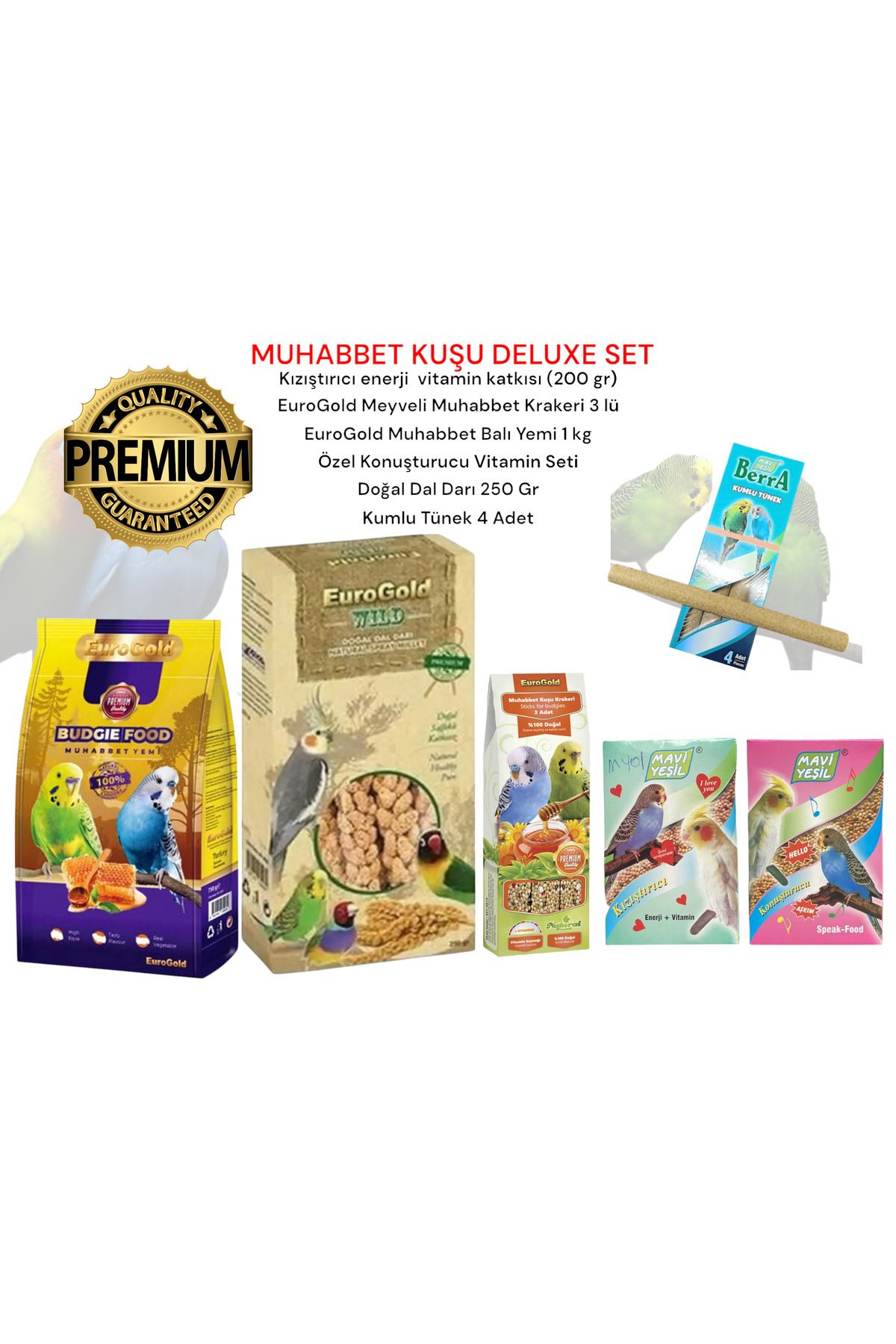 EuroGold Muhabbet Kuşu Deluxe Premium Set – Tam Beslenme ve Konuşturucu Vitamin Paketi