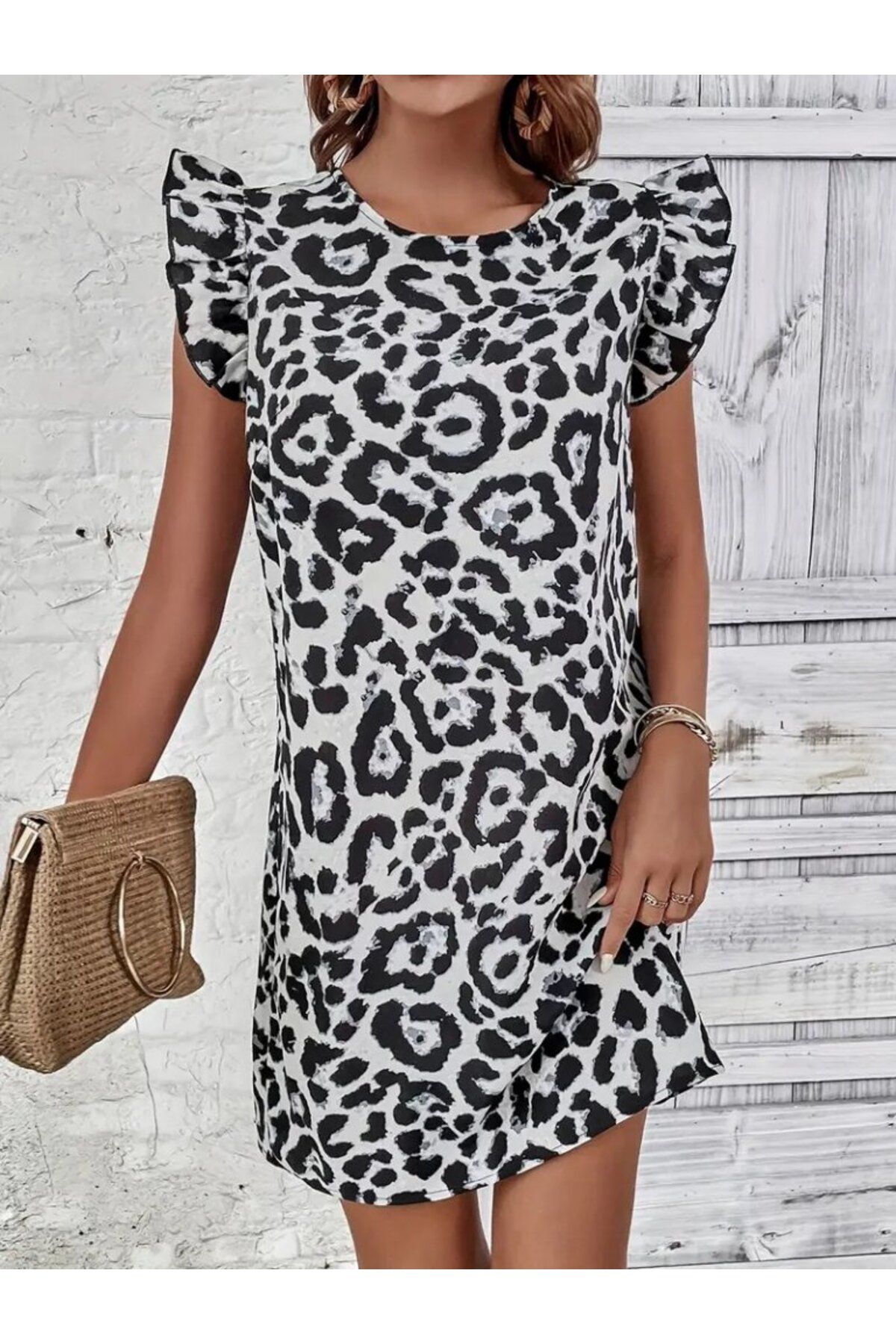 velmorafashion Kadın Kısa Kollu Kolları Fırfır Detay Arkası Bağlamalı Leopar Desen Kolsuz Mini Mikro Elbise