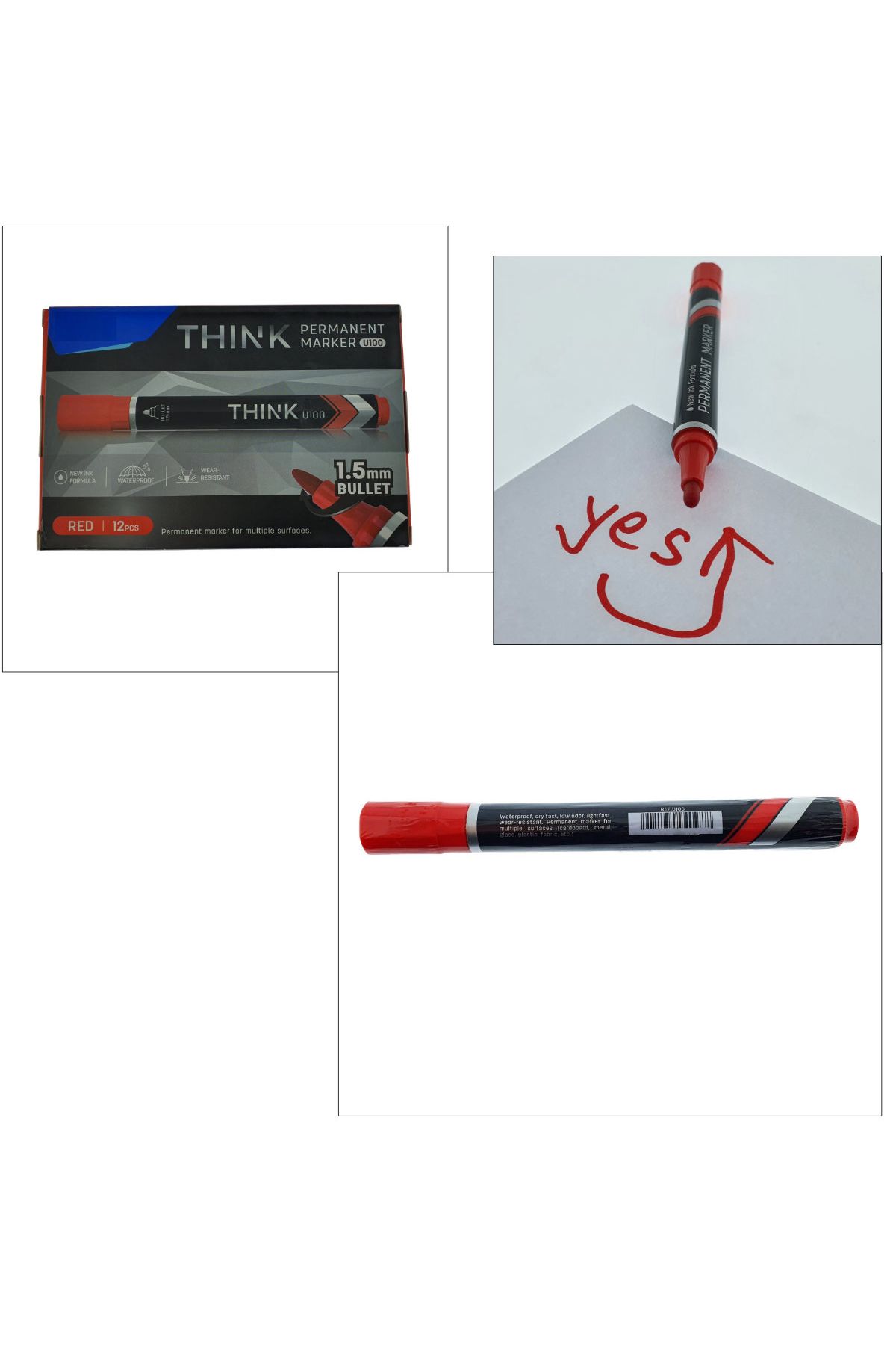 OEM-Set of 12 red permanent markers, THINK U100, with 1.5MM round tip, for writing on any surface 4