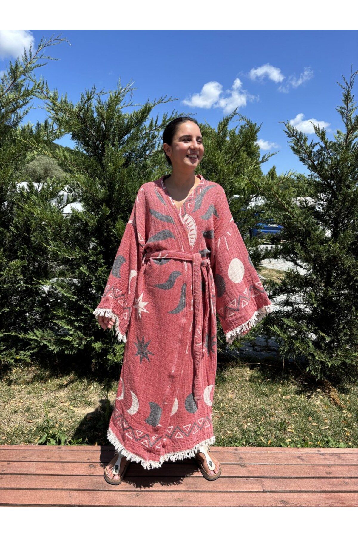 Bohoyasam Güneş Desenli Unisex Kaftan, %100 Organik Pamuk, Bohem Kimono, 3 Kat Dokuma, Ev Bornozu, Uzun Kimono