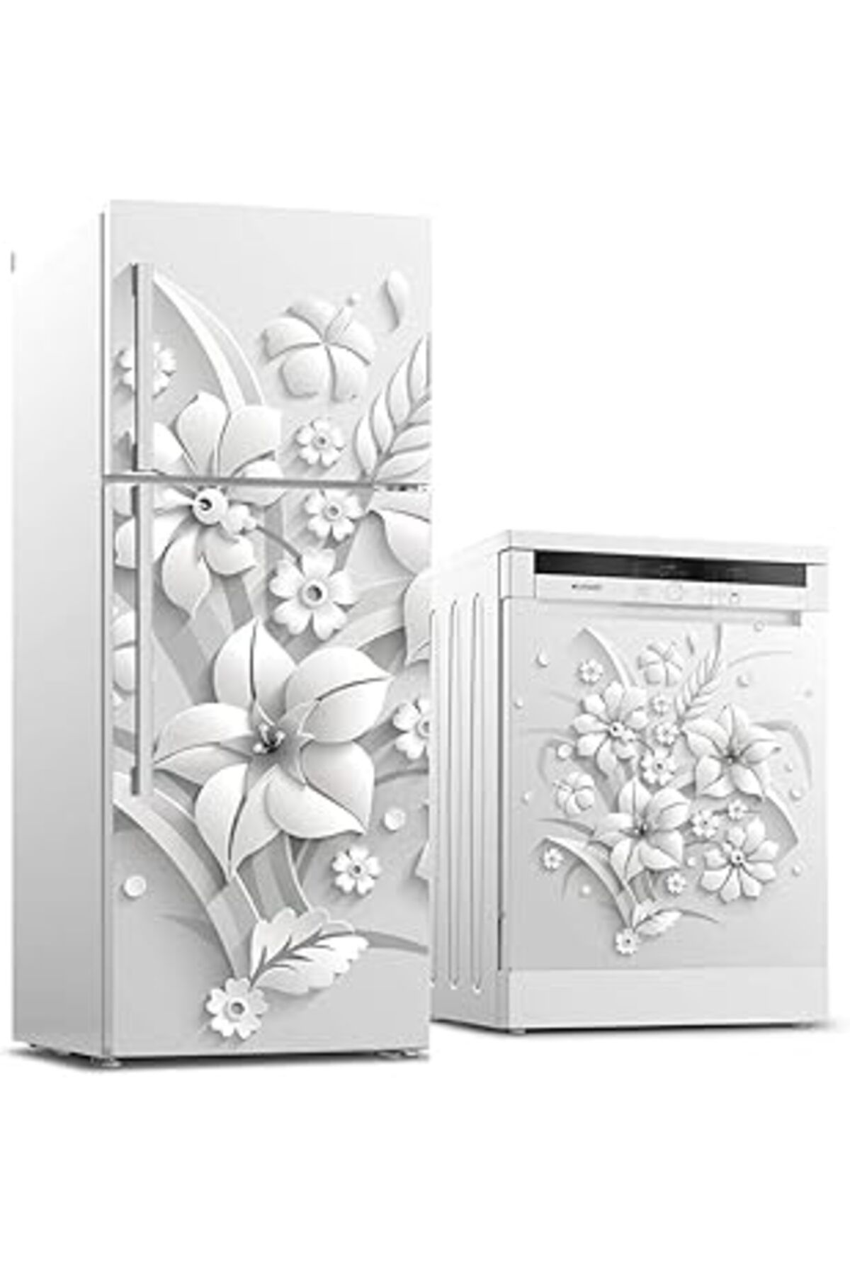 NETWORK ART Buzdolabı Ve Bulaşık Makinası Beyaz Eşya Sticker Kaplama Gri Çiçekler