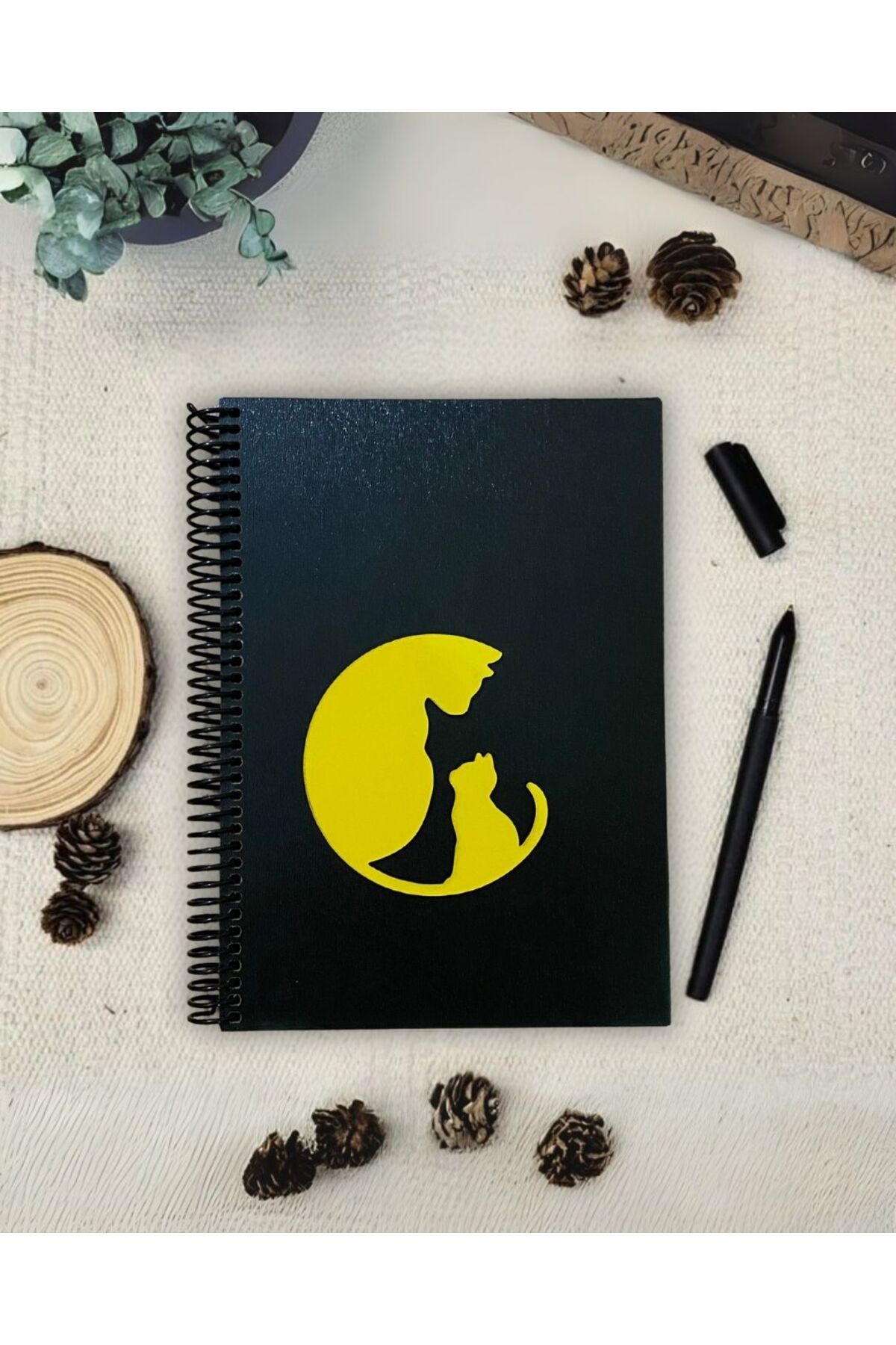Tasarım Siyah Defter Siyah Yapraklı Ahşap Kapaklı Kedi Temalı Anı Defteri | Albüm, Hediye, Hatıra, Günlük Defter