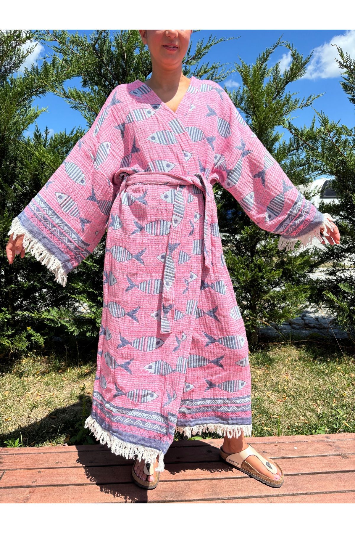 Bohoyasam Balık Desenli Unisex Kaftan, %100 Organik Pamuk, Bohem Kimono, 3 Kat Dokuma, Ev Bornozu, Uzun Kimono