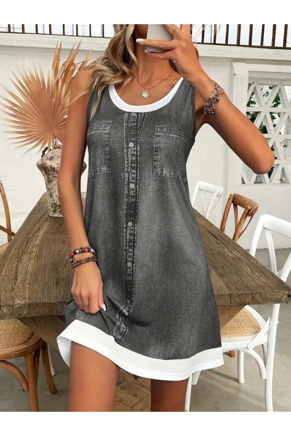 velmorafashion Kadın Askılı Yuvarlak Yakalı Kot Görünümlü Kısa Süprem Elbise