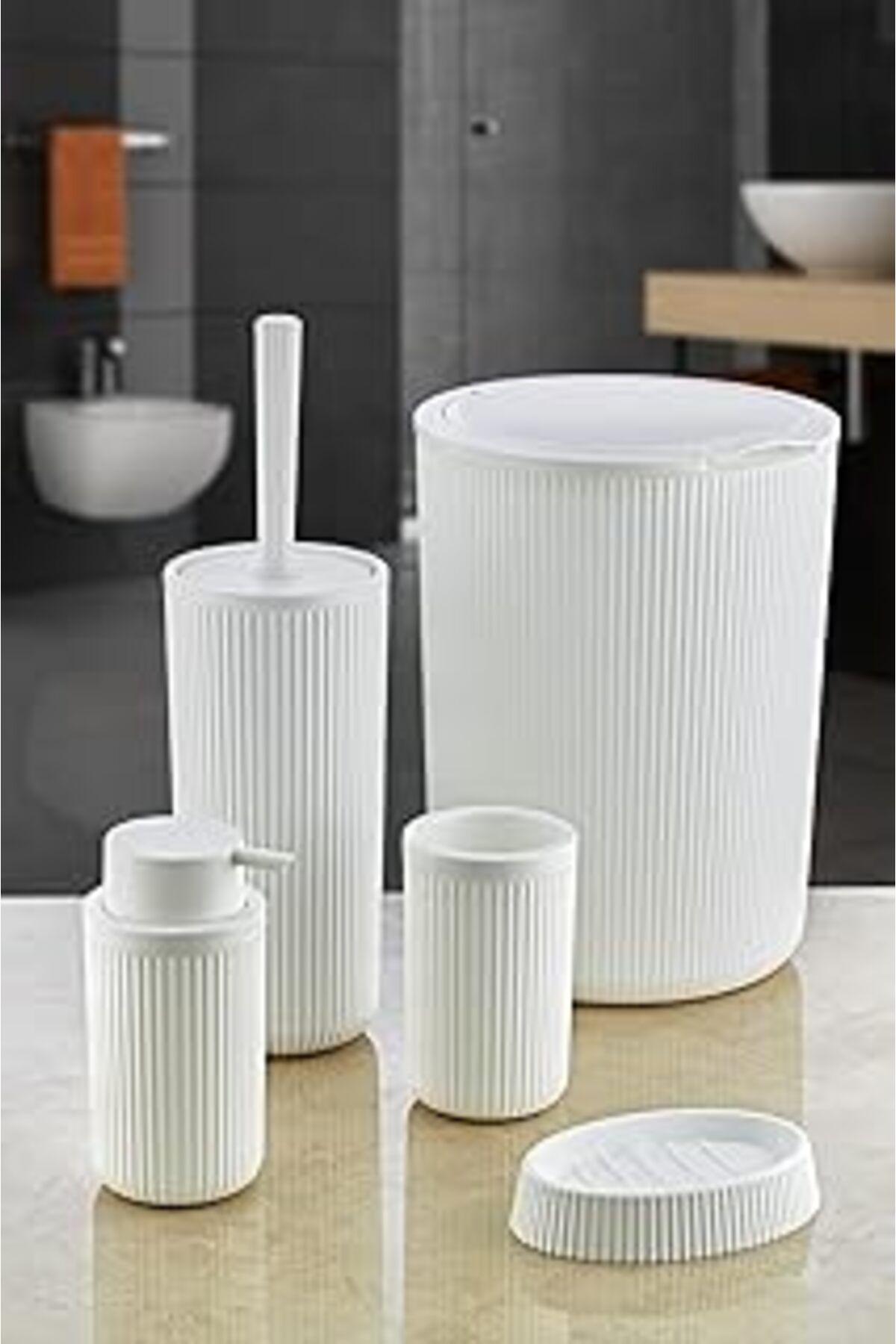 NETWORK ART Deconox 5 Parça Lüx Plastik Banyo Seti 7 Litre Dokunmatik Çöp Kovalı, Antibakteriyel Fırça (siyah-g