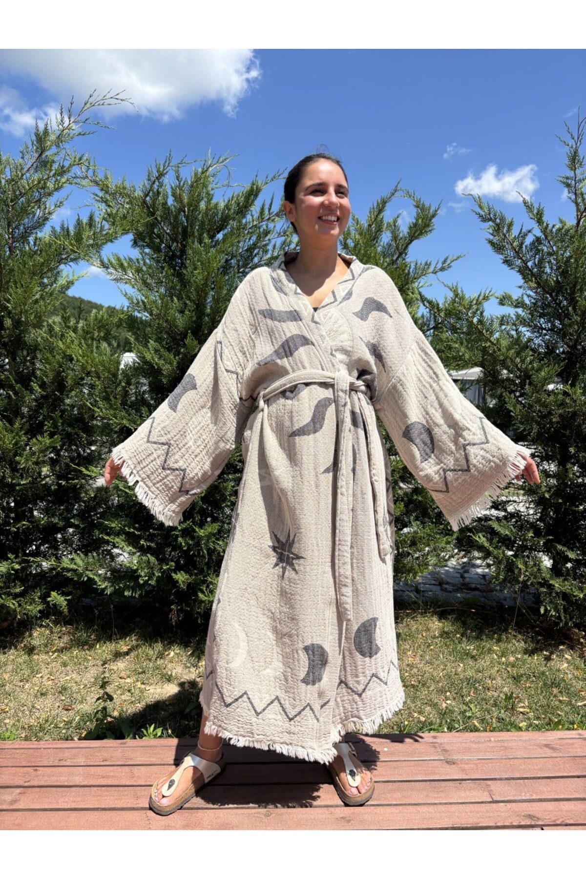 Bohoyasam Güneş Desenli Unisex Kaftan, %100 Organik Pamuk, Bohem Kimono, 3 Kat Dokuma, Ev Bornozu, Uzun Kimono