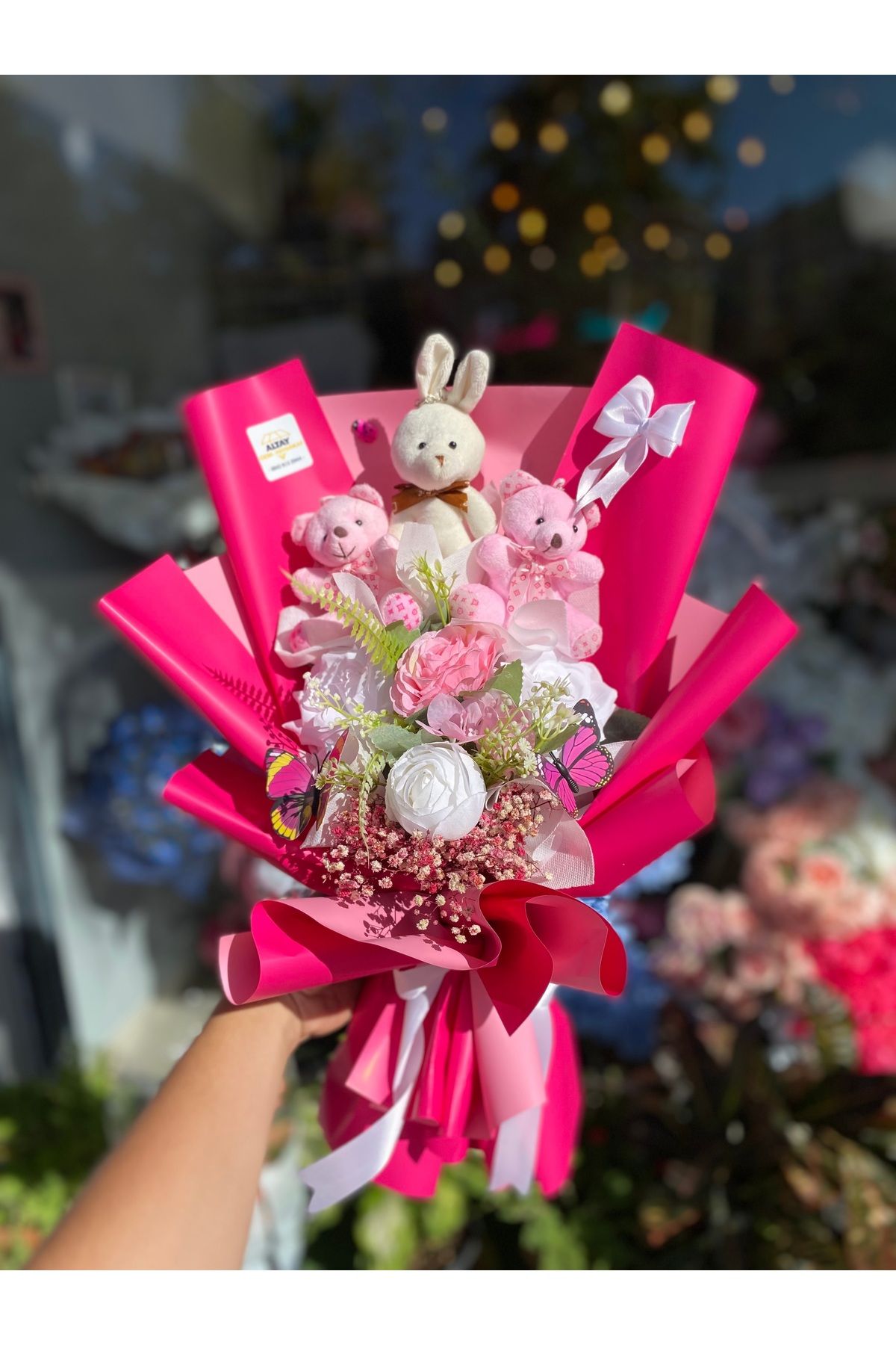 Altay Pembe Peluş Ayıcıklı Yapay Çiçek Buketil