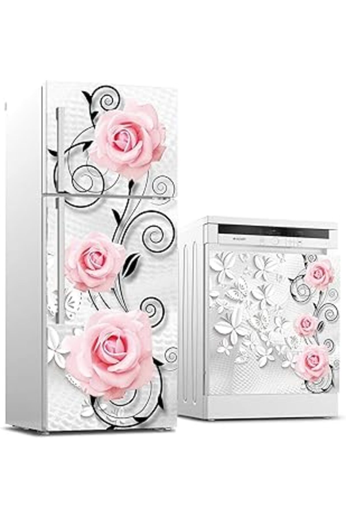 NETWORK ART Buzdolabı Ve Bulaşık Makinası Beyaz Eşya Sticker Kaplama Pembe Güller