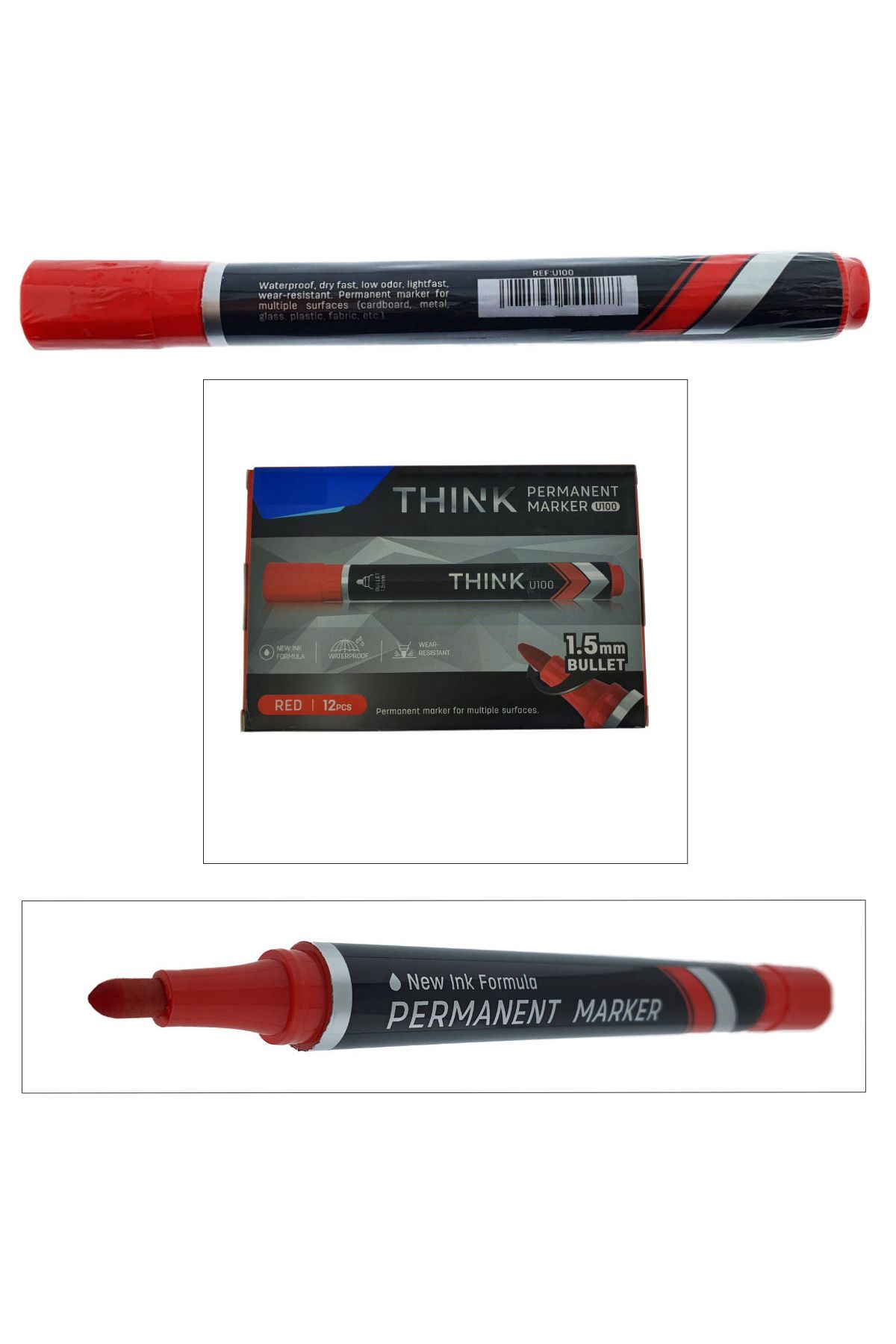 OEM-Set of 12 red permanent markers, THINK U100, with 1.5MM round tip, for writing on any surface 3