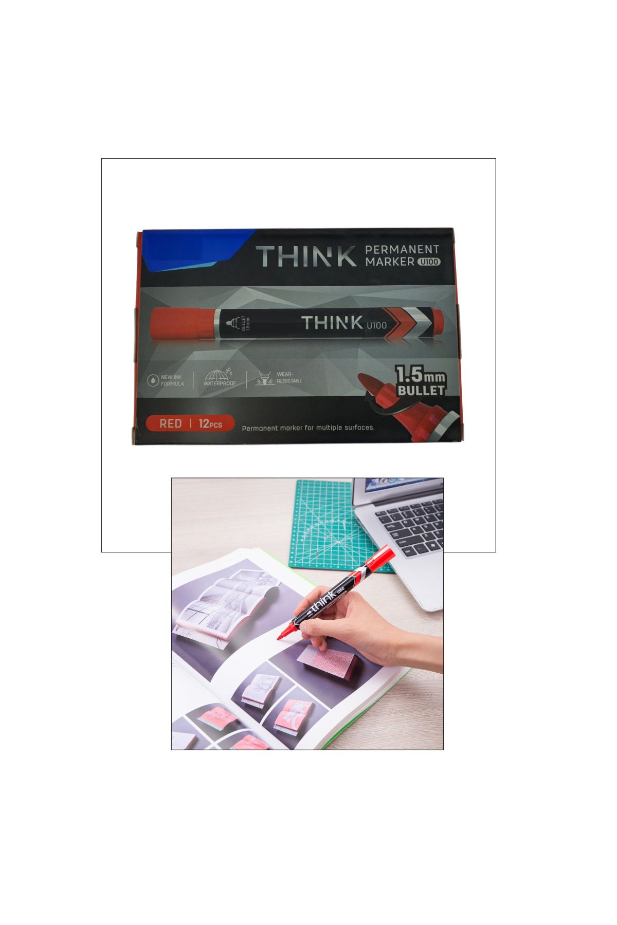 OEM-Set of 12 red permanent markers, THINK U100, with 1.5MM round tip, for writing on any surface 5