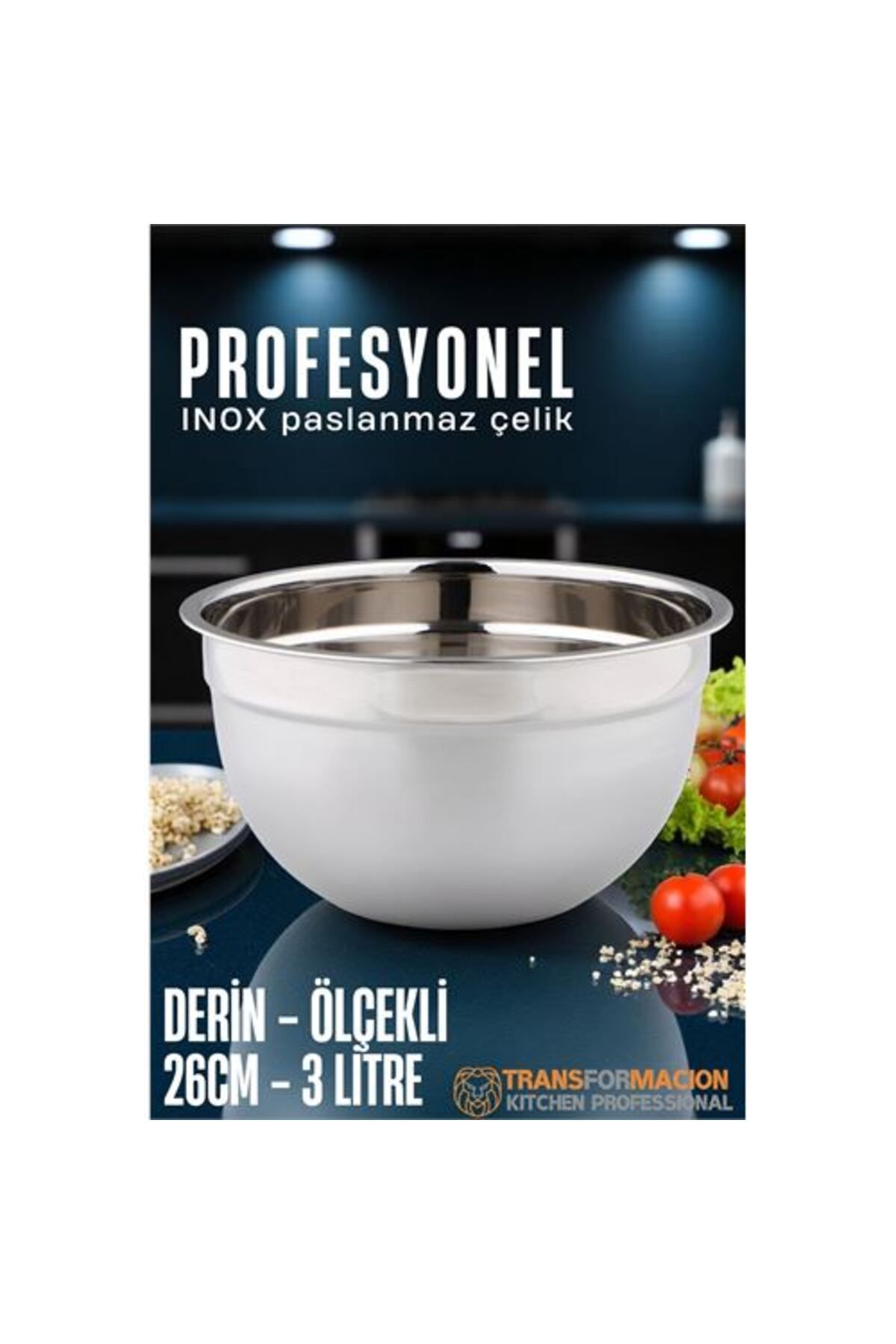 Toptan Bulurum Inox Ölçekli Derin Kase - 26 Cm 3 Litre Karıştırma Kabı Profesyonel 304 Paslanmaz Çelik
